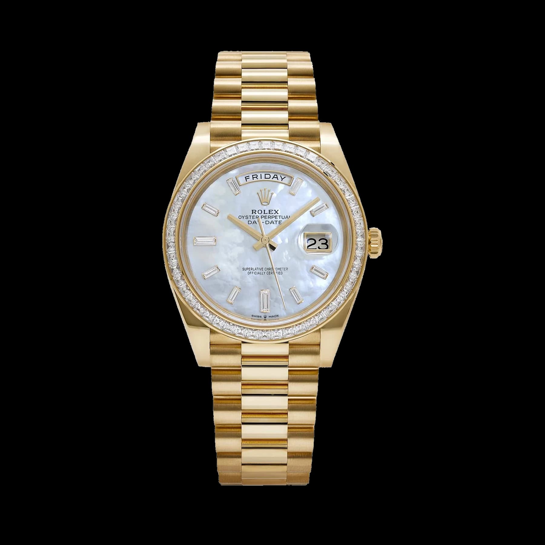 Rolex Day-Date 40 228398TBR Yellow Gold Mother of Pearl Diamond Baguette Dial and Bezel (2025)