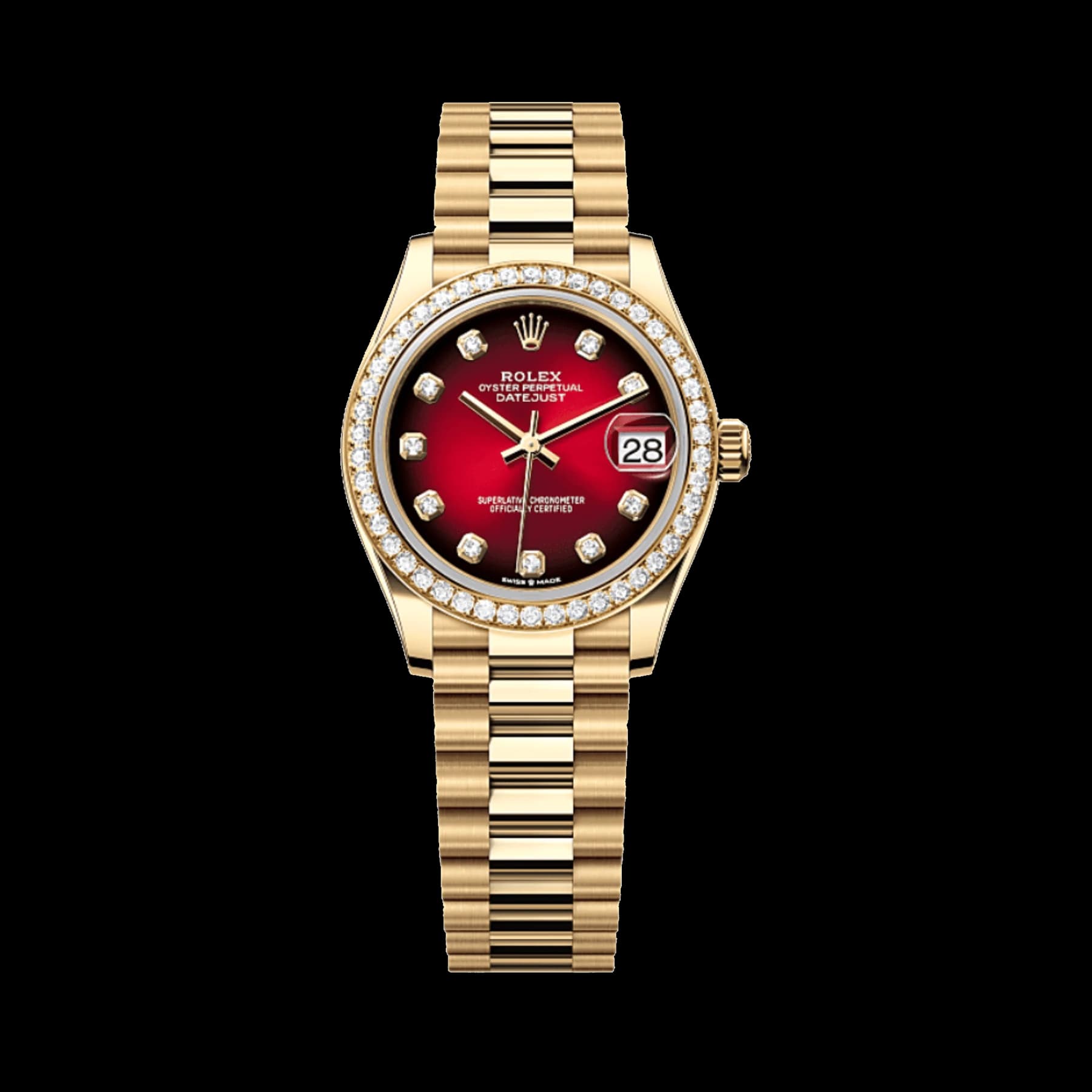 Rolex Datejust 31 278288RBR 'Ladies' Yellow Gold Red Ombre Dial Diamond Bezel (2025)