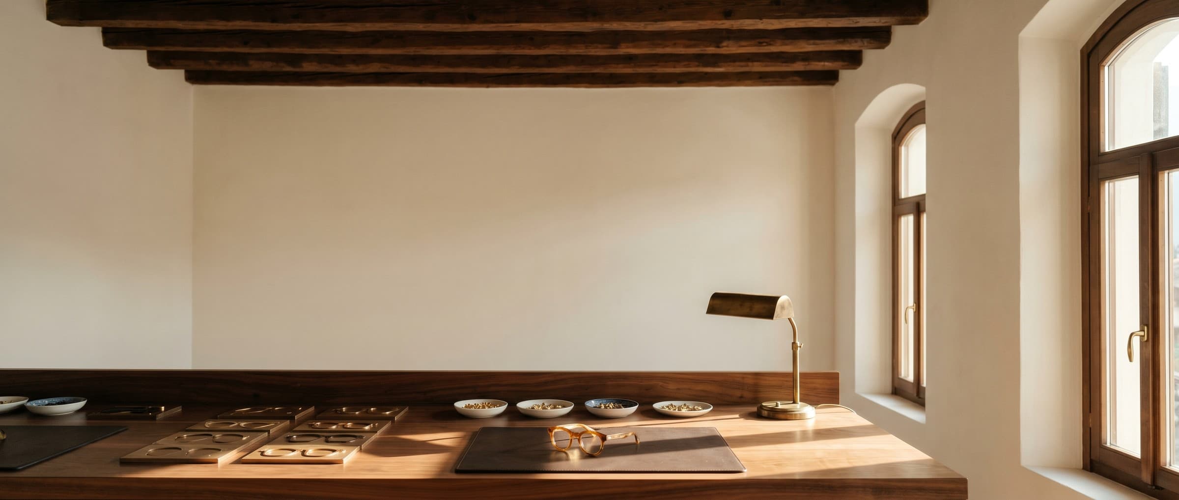 Maison Soletti atelier interior — workbench at golden hour