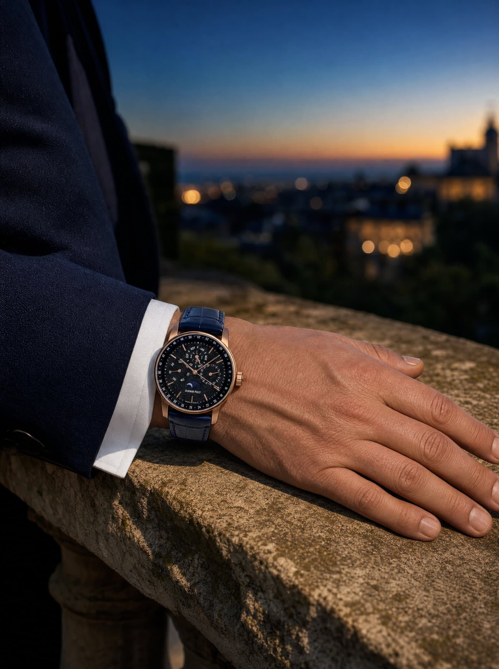 A rose-gold Code 11.59 under an evening cuff at dusk