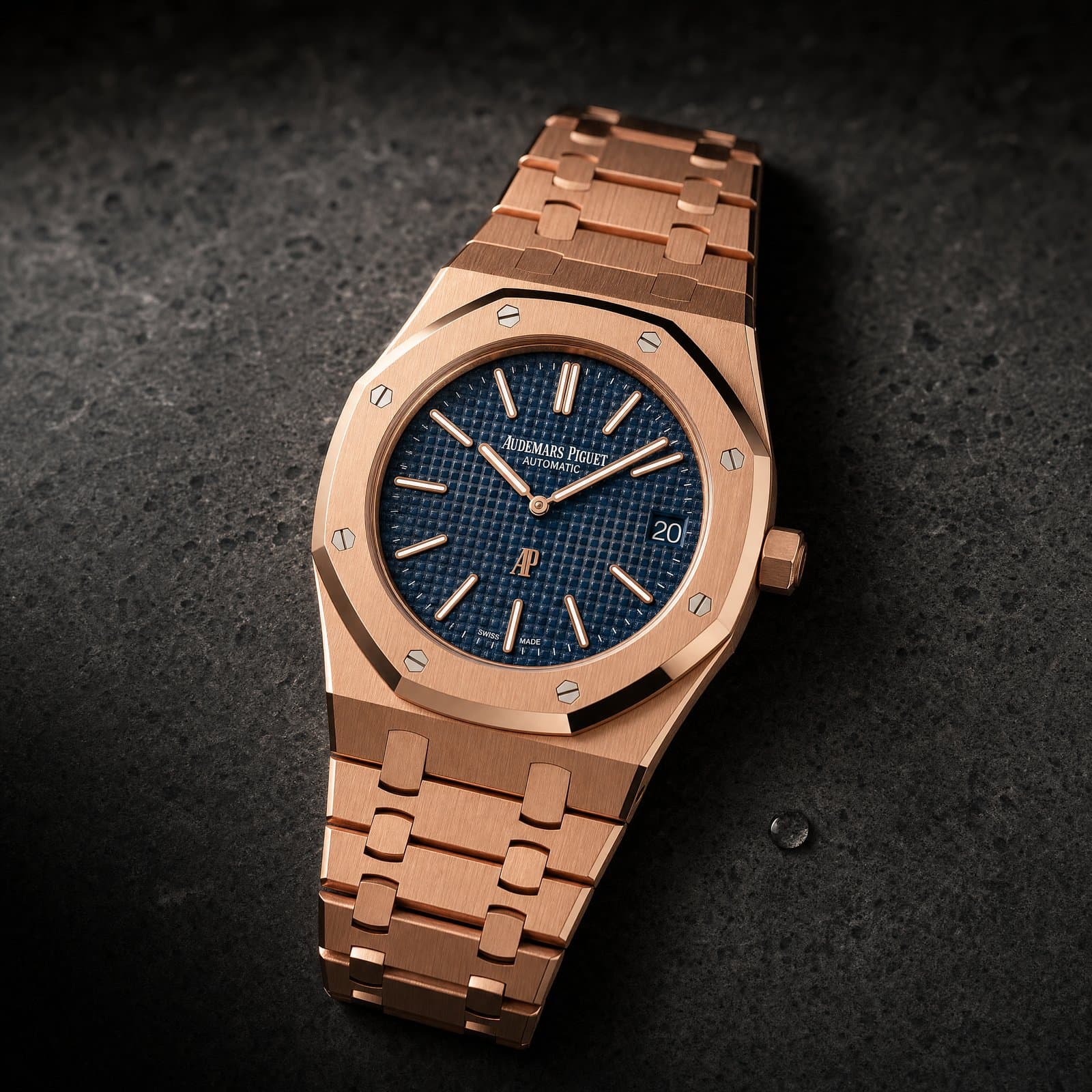 Macro of a blue tapisserie Royal Oak dial on dark travertine