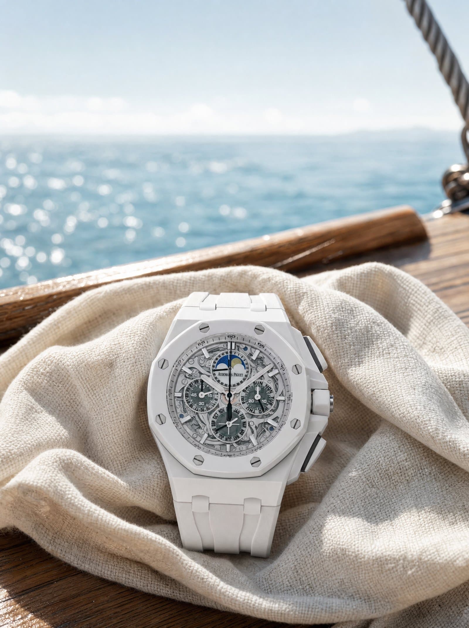 A white-ceramic Royal Oak Offshore on a yacht deck rail