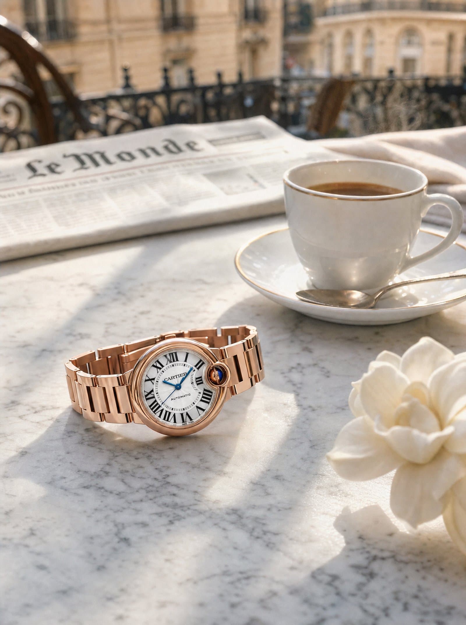 A rose-gold Ballon Bleu beside coffee on a café terrace