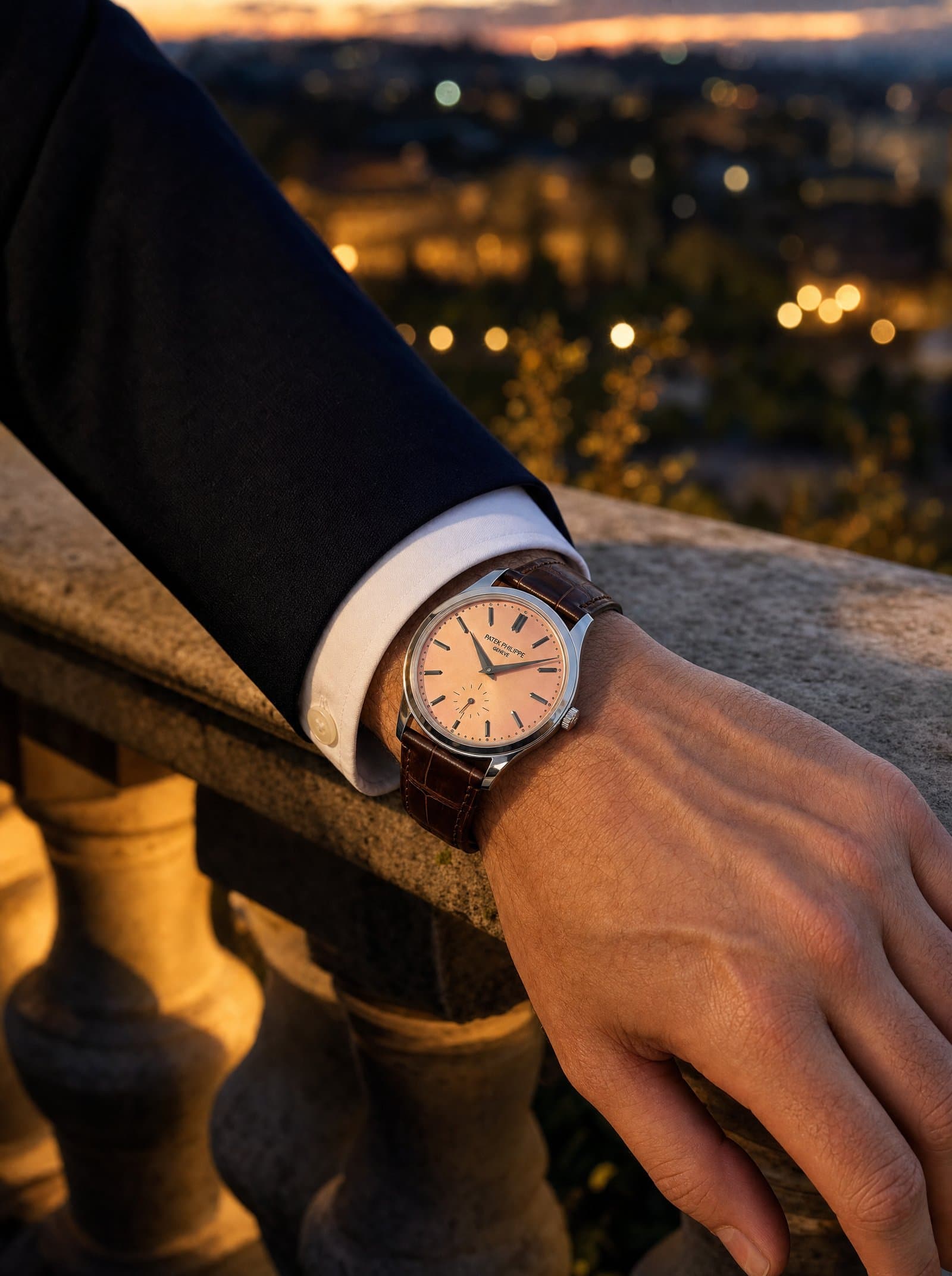A salmon-dial Calatrava under an evening cuff at dusk