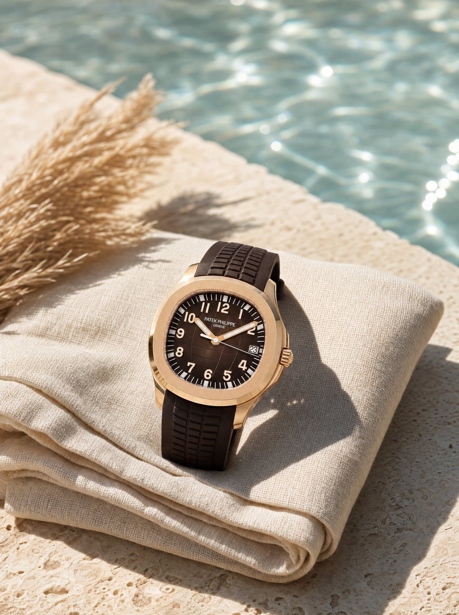 A rose-gold Aquanaut resting on linen at a sunlit pool deck