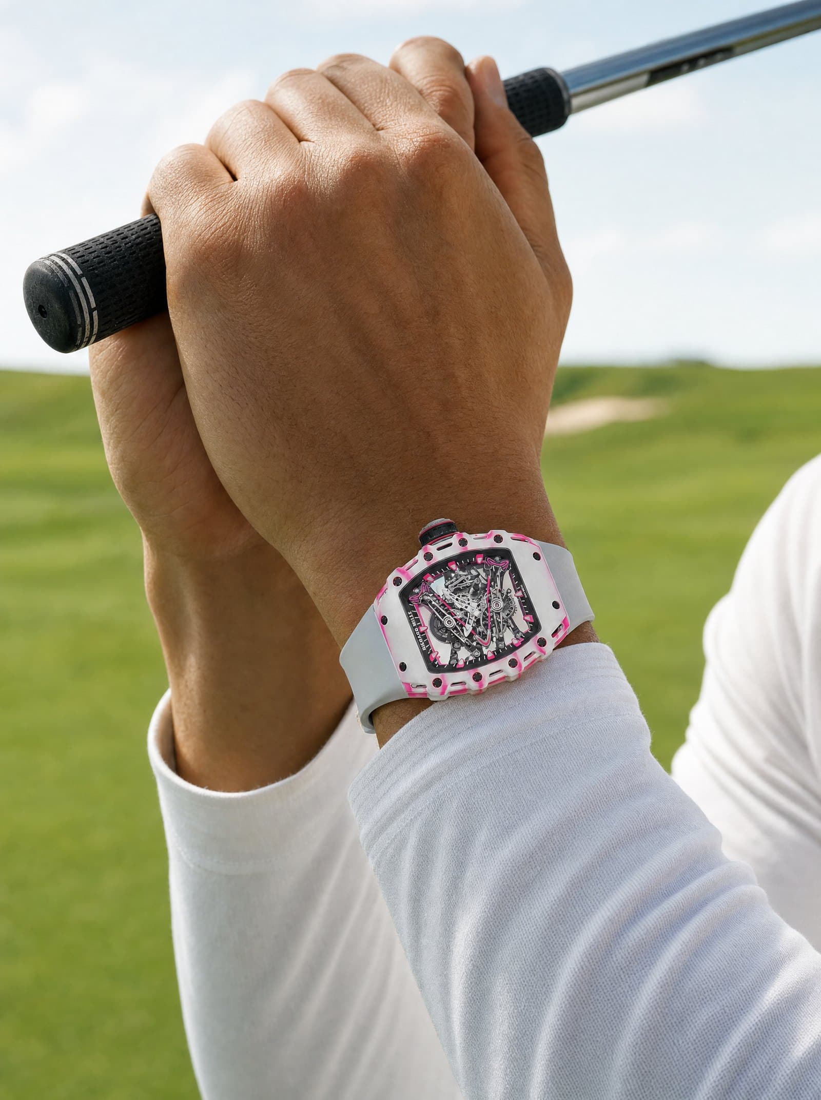 A Richard Mille on the wrist at the top of a golf swing on a bright fairway
