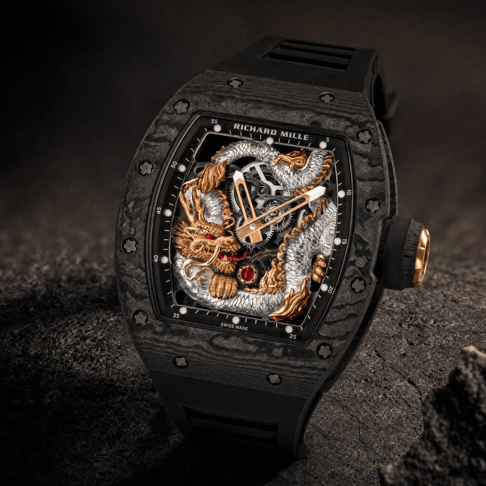 Macro of a skeletonised Richard Mille on dark travertine