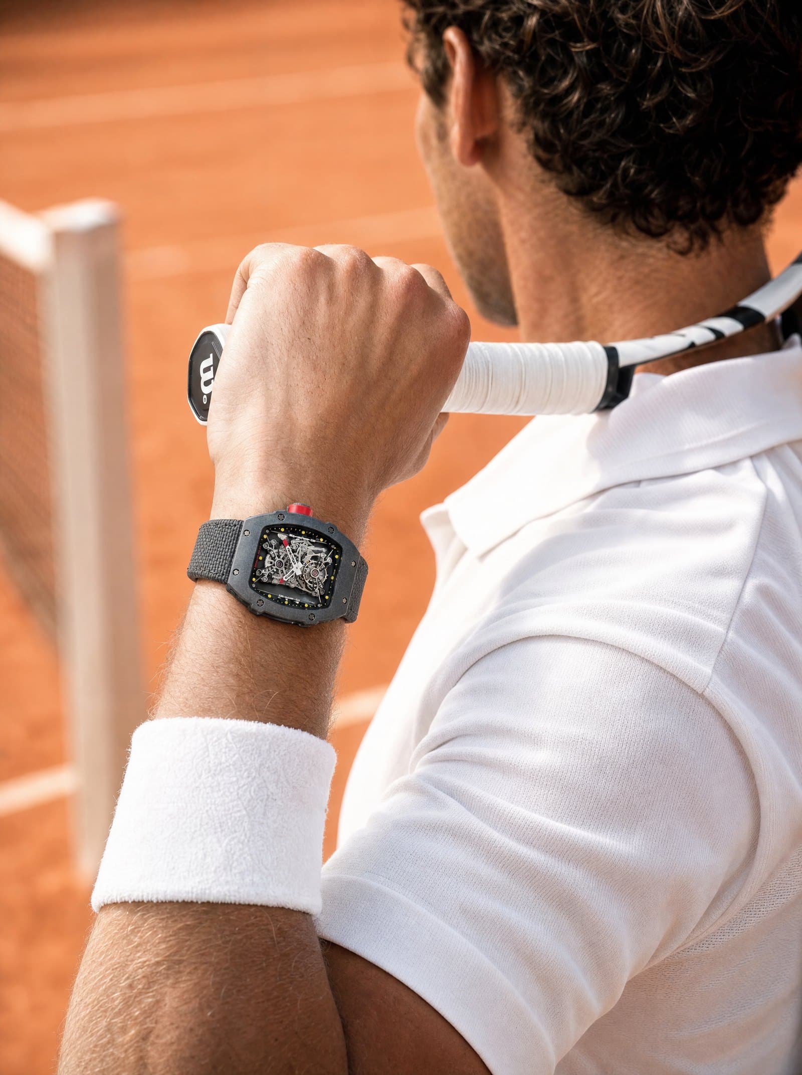 A Richard Mille worn courtside, a tennis racket over the shoulder