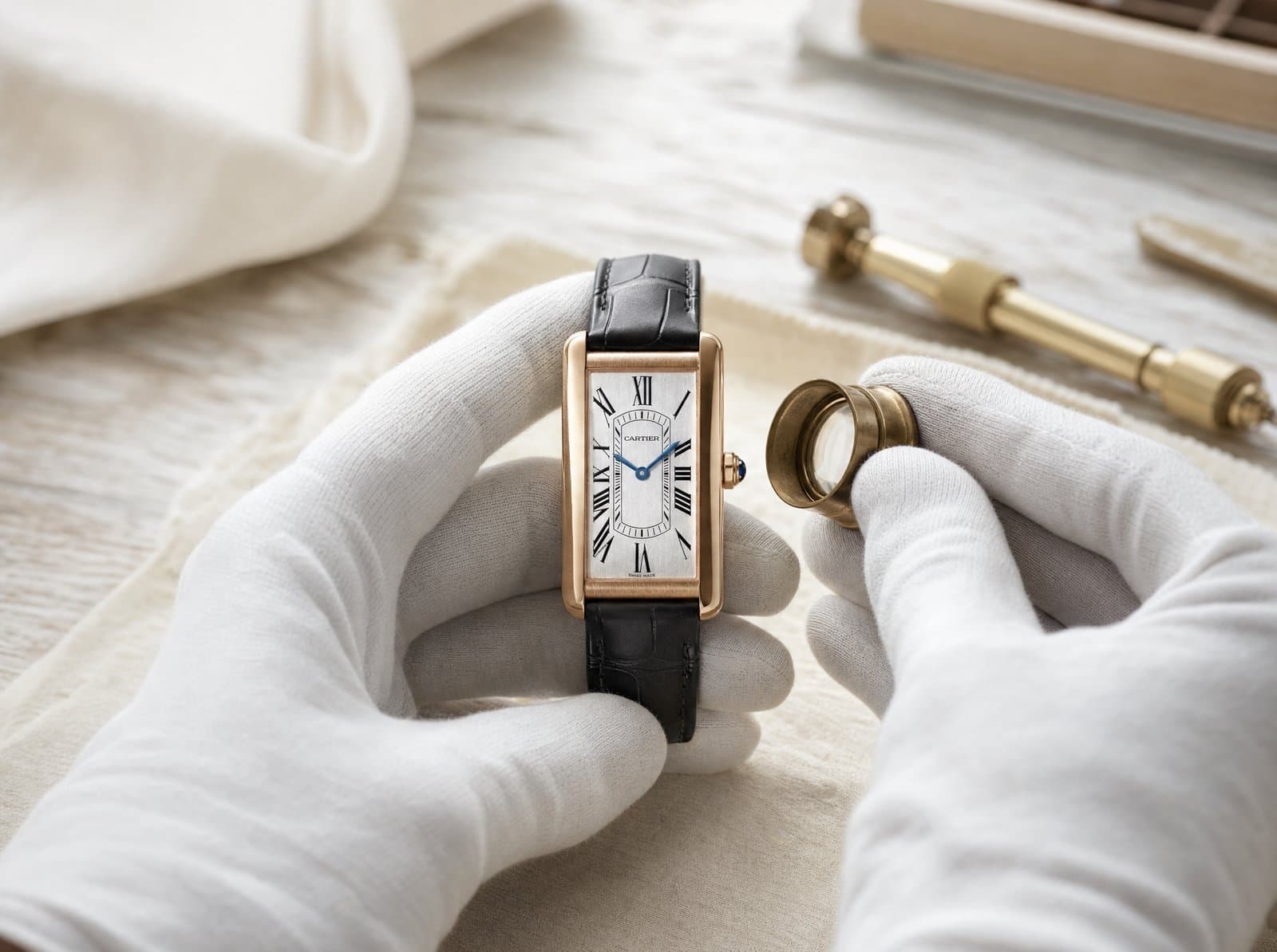 A specialist examining a timepiece under the loupe