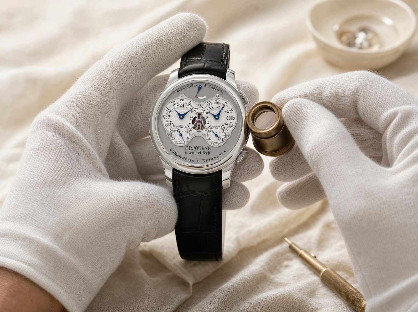 A specialist examining a timepiece under the loupe