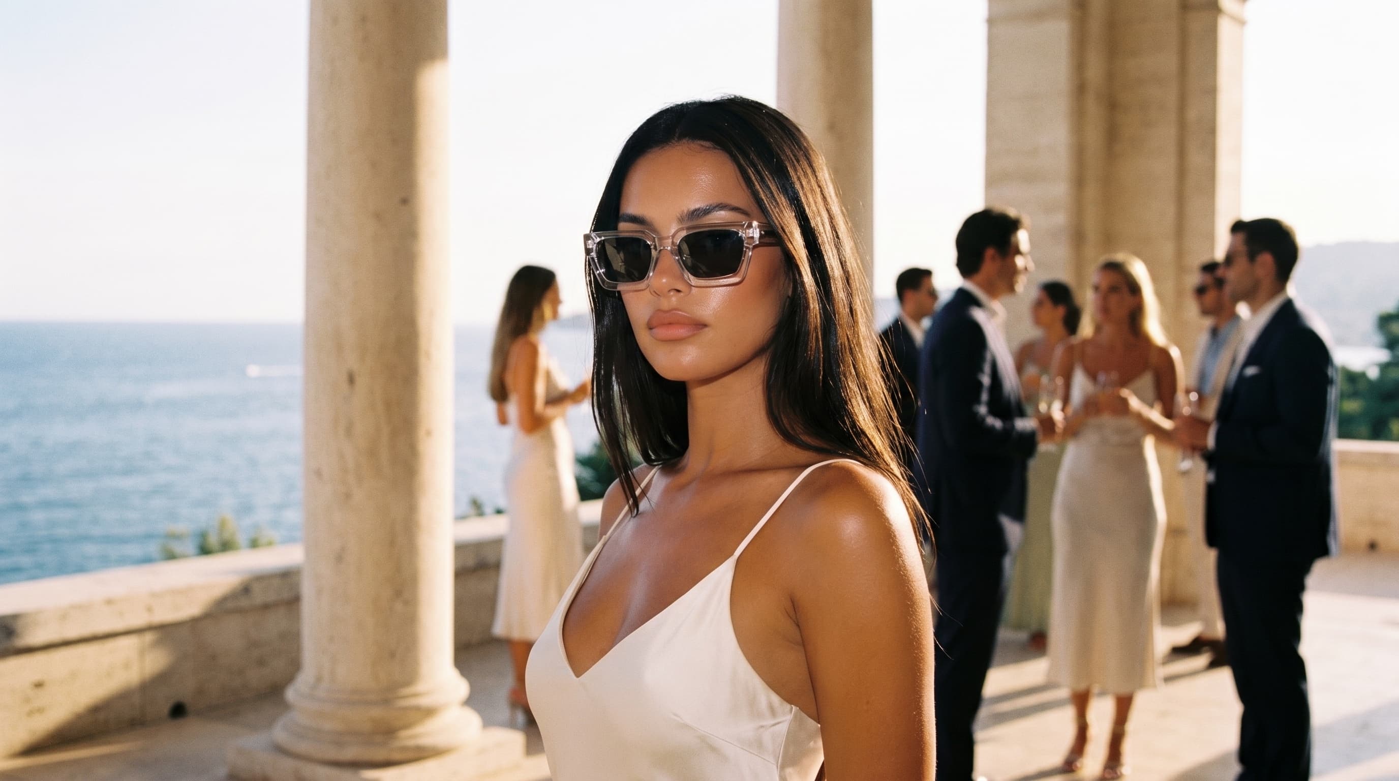 A woman in crystal acetate sunglasses on a sunlit travertine terrace over the sea