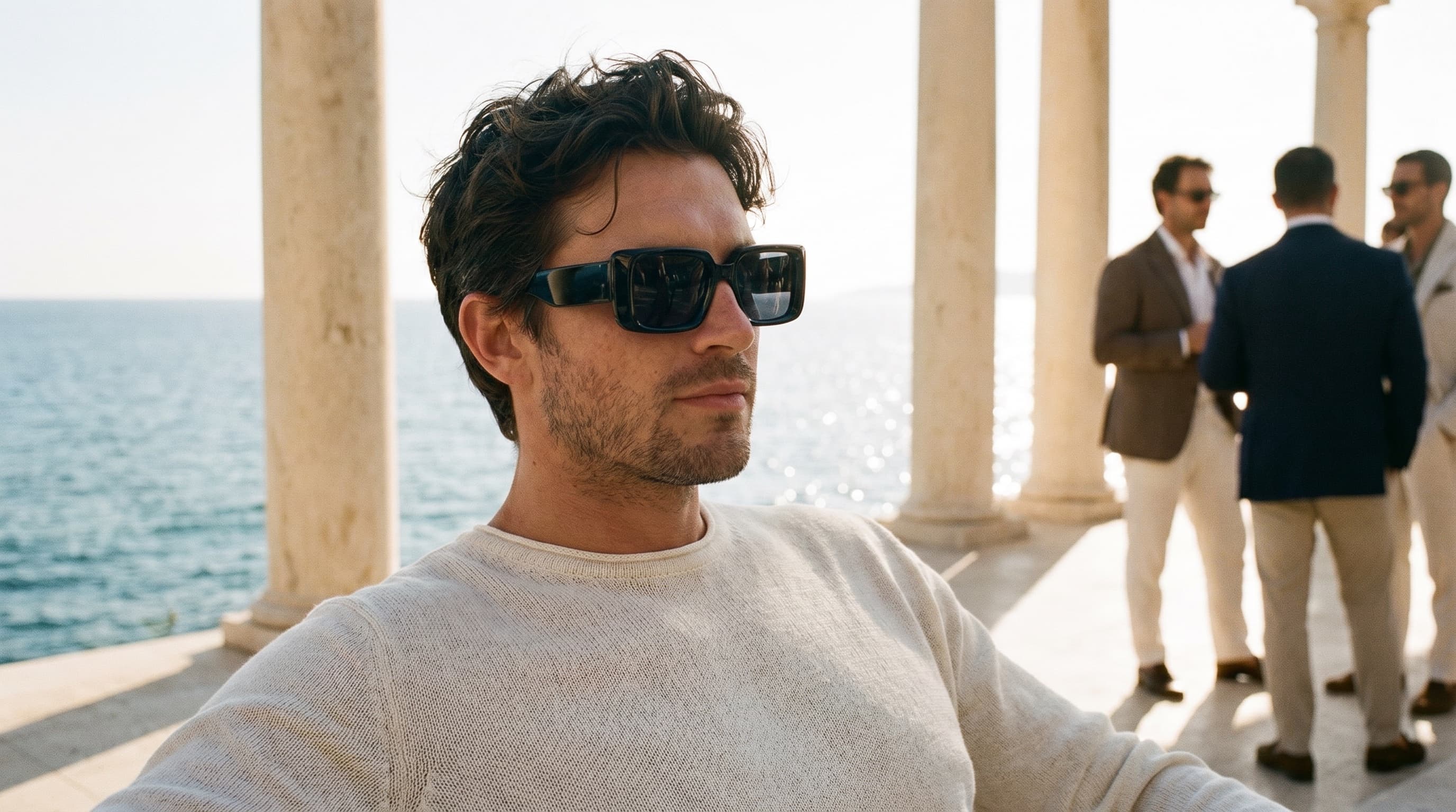 A man in black acetate sunglasses on a sunlit travertine terrace over the sea