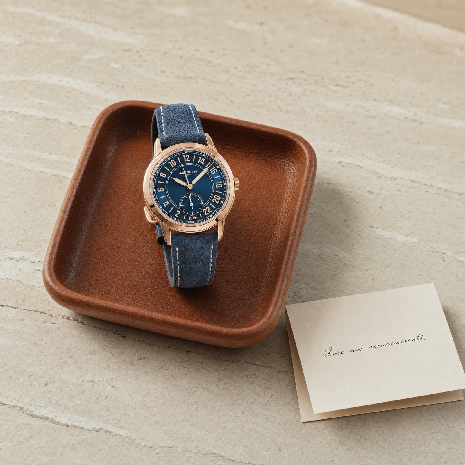 Patek Philippe Calatrava references together on travertine