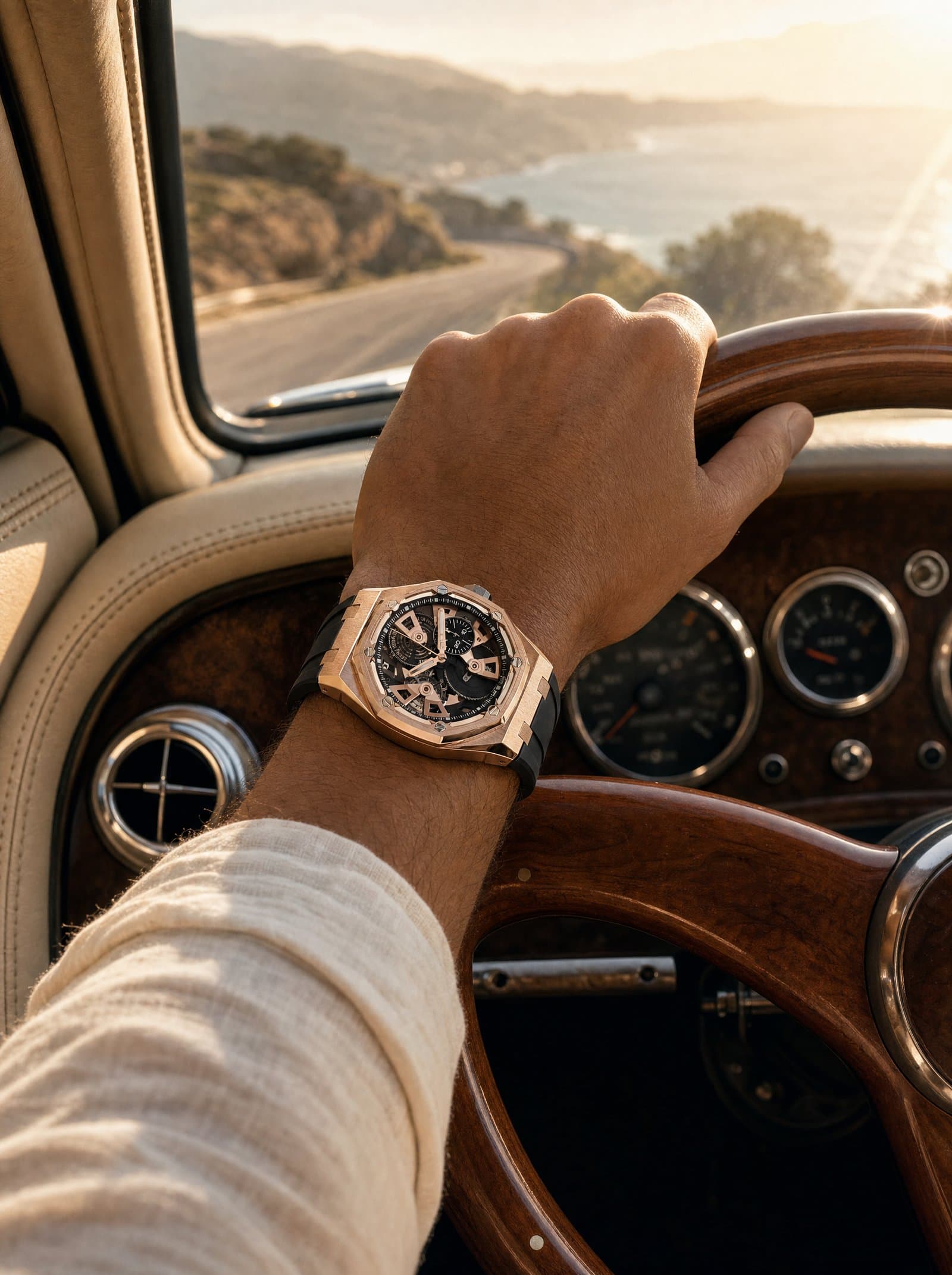 A rose-gold Royal Oak Offshore on the wrist, hand on a wooden steering wheel