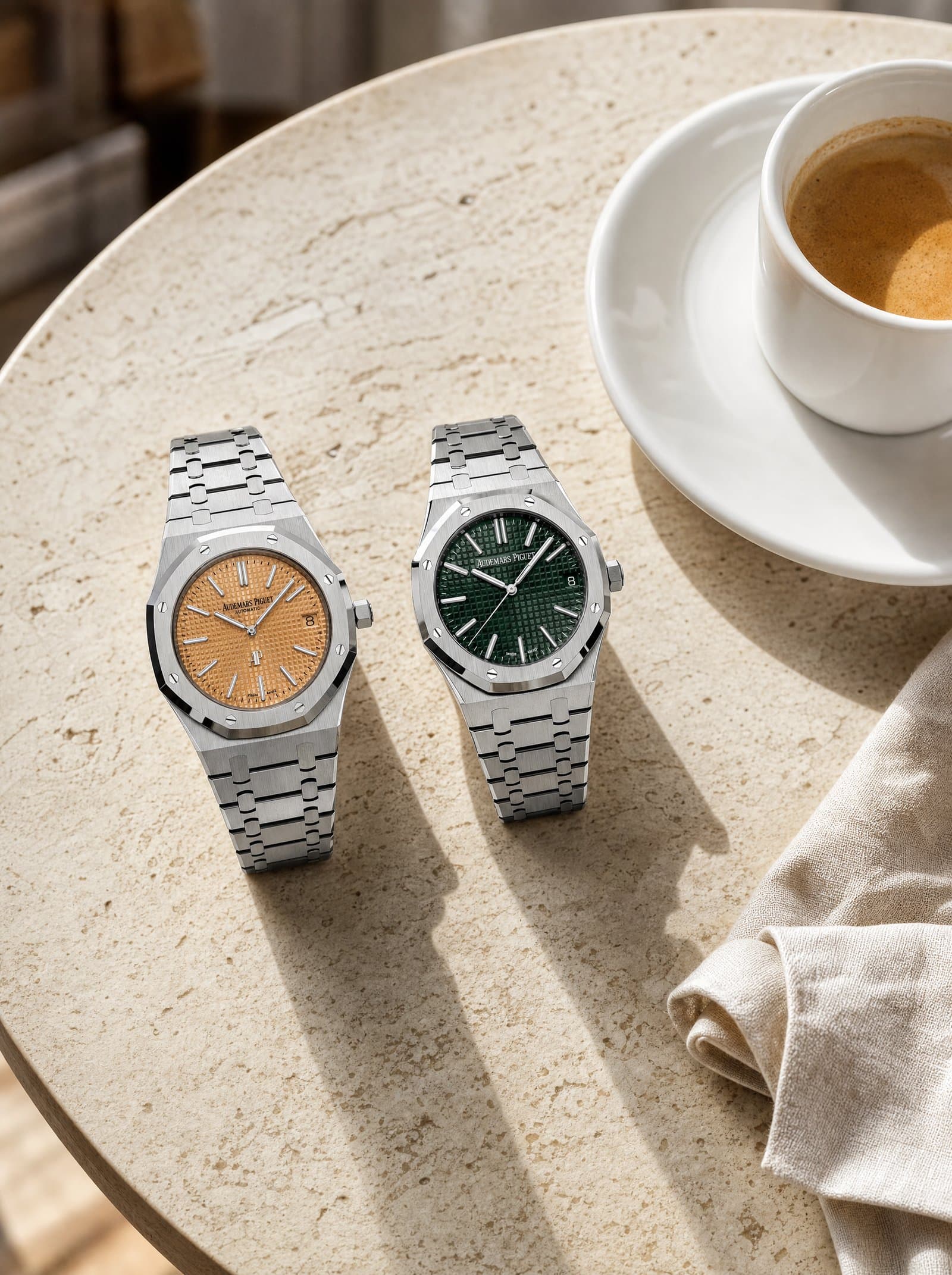 Two Royal Oaks resting together on a travertine café table beside an espresso