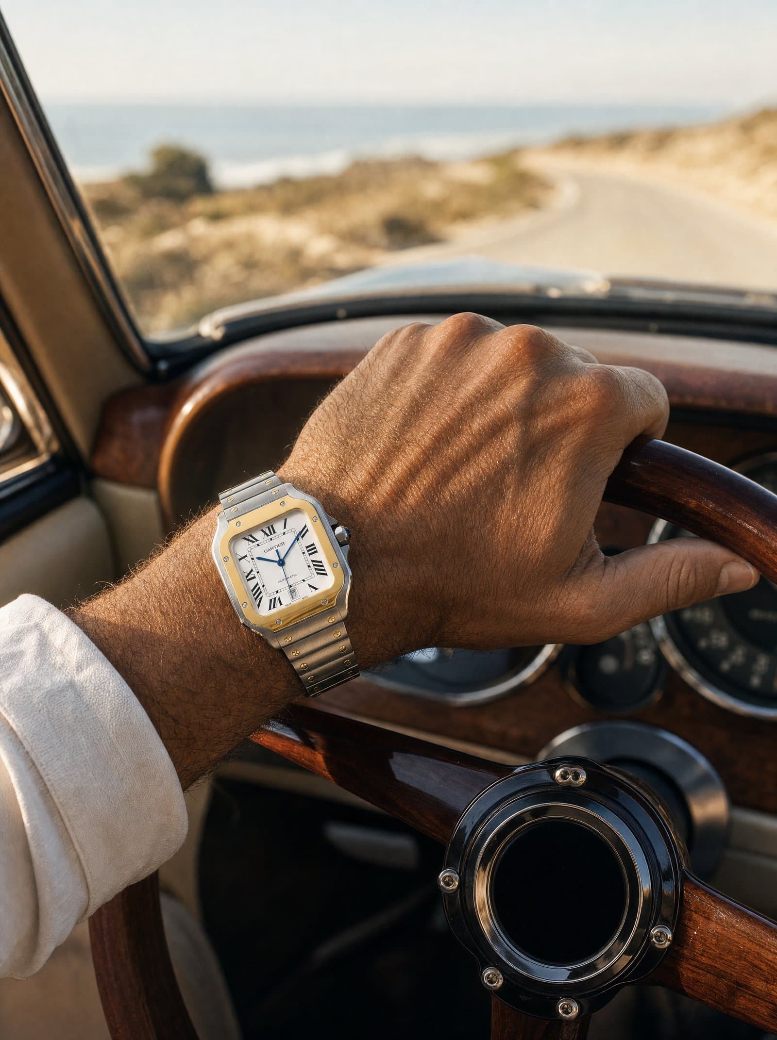 A yellow-gold Santos on the wrist, hand on a wooden steering wheel