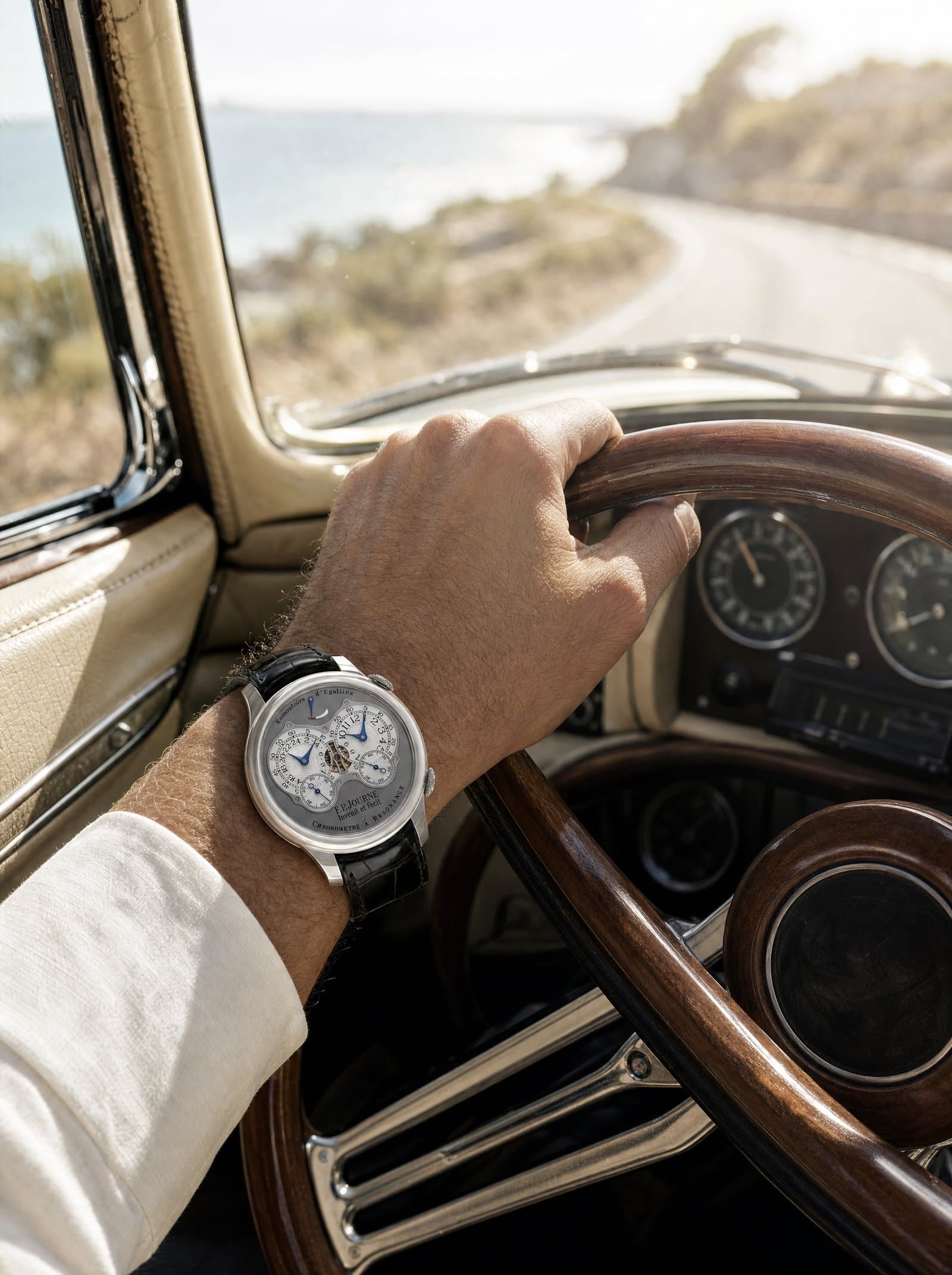 A grey-platinum F.P.Journe on the wrist, hand on a wooden steering wheel