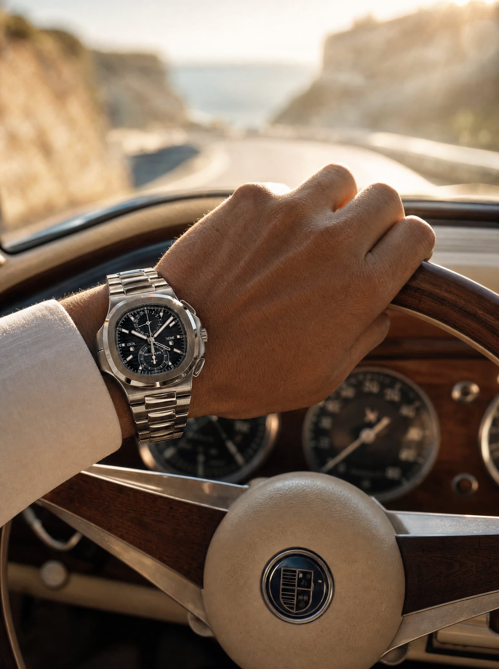 A steel Nautilus travel chronograph on the wrist, hand resting on a wooden steering wheel