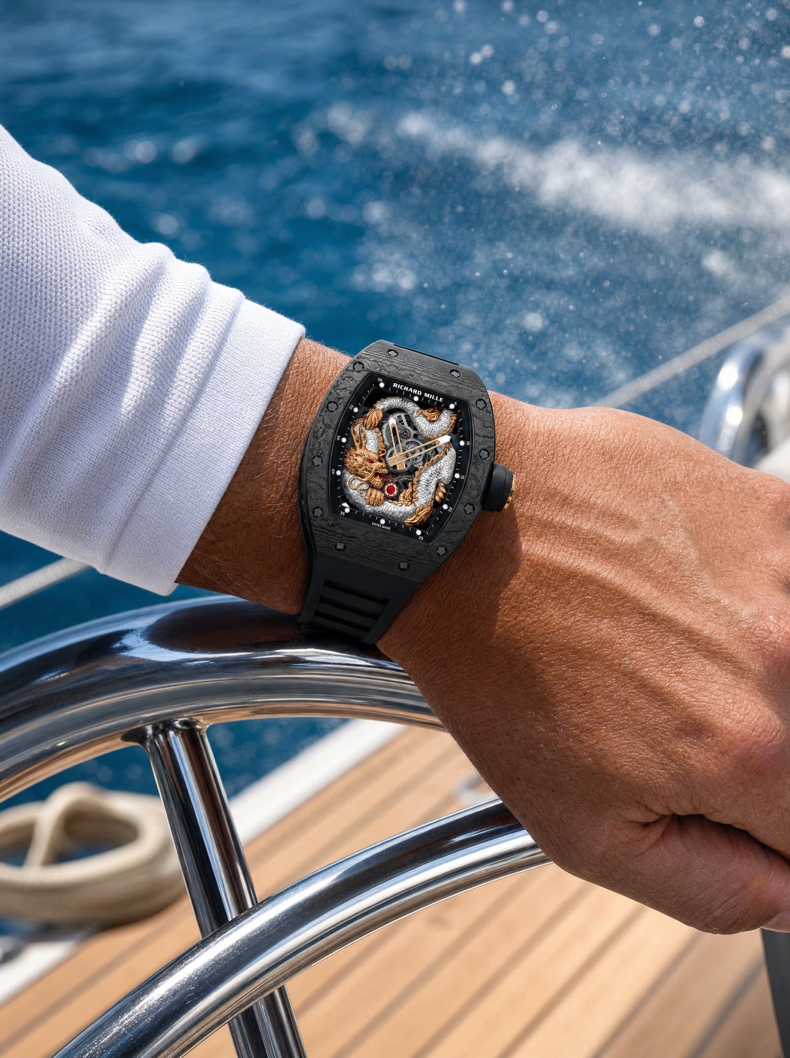 A Richard Mille on the wrist at a yacht's helm at sea