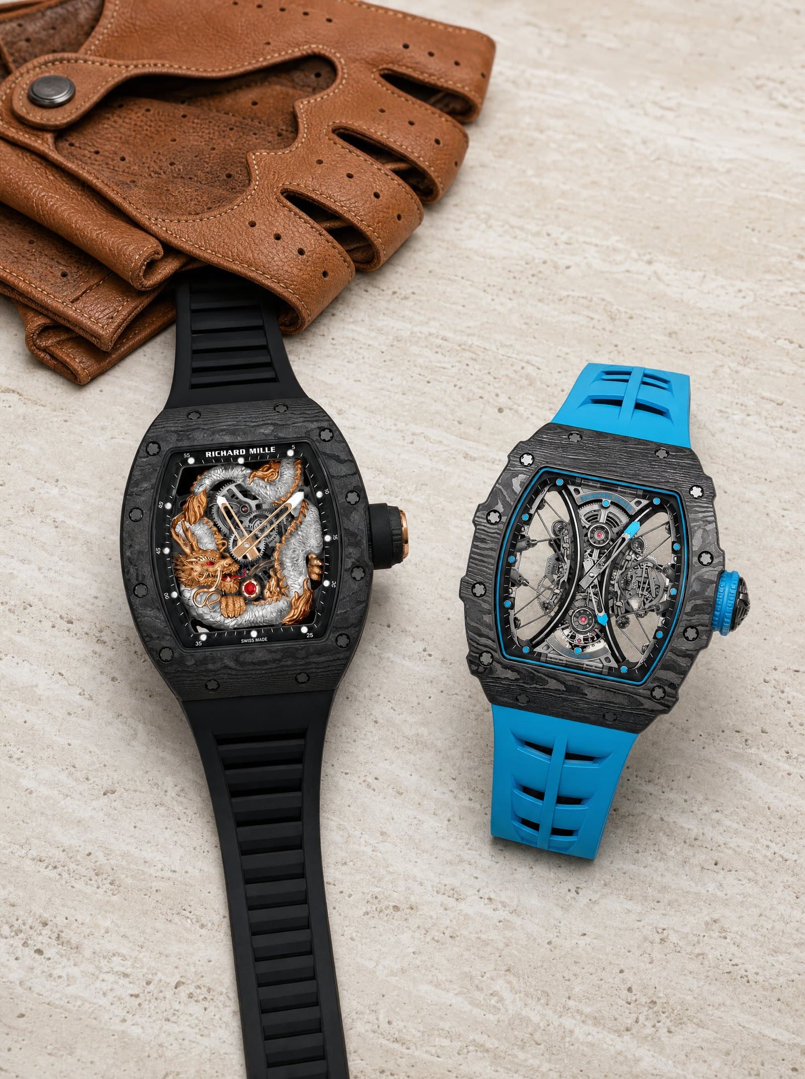 Two avant-garde Richard Mille watches resting together on a travertine café table