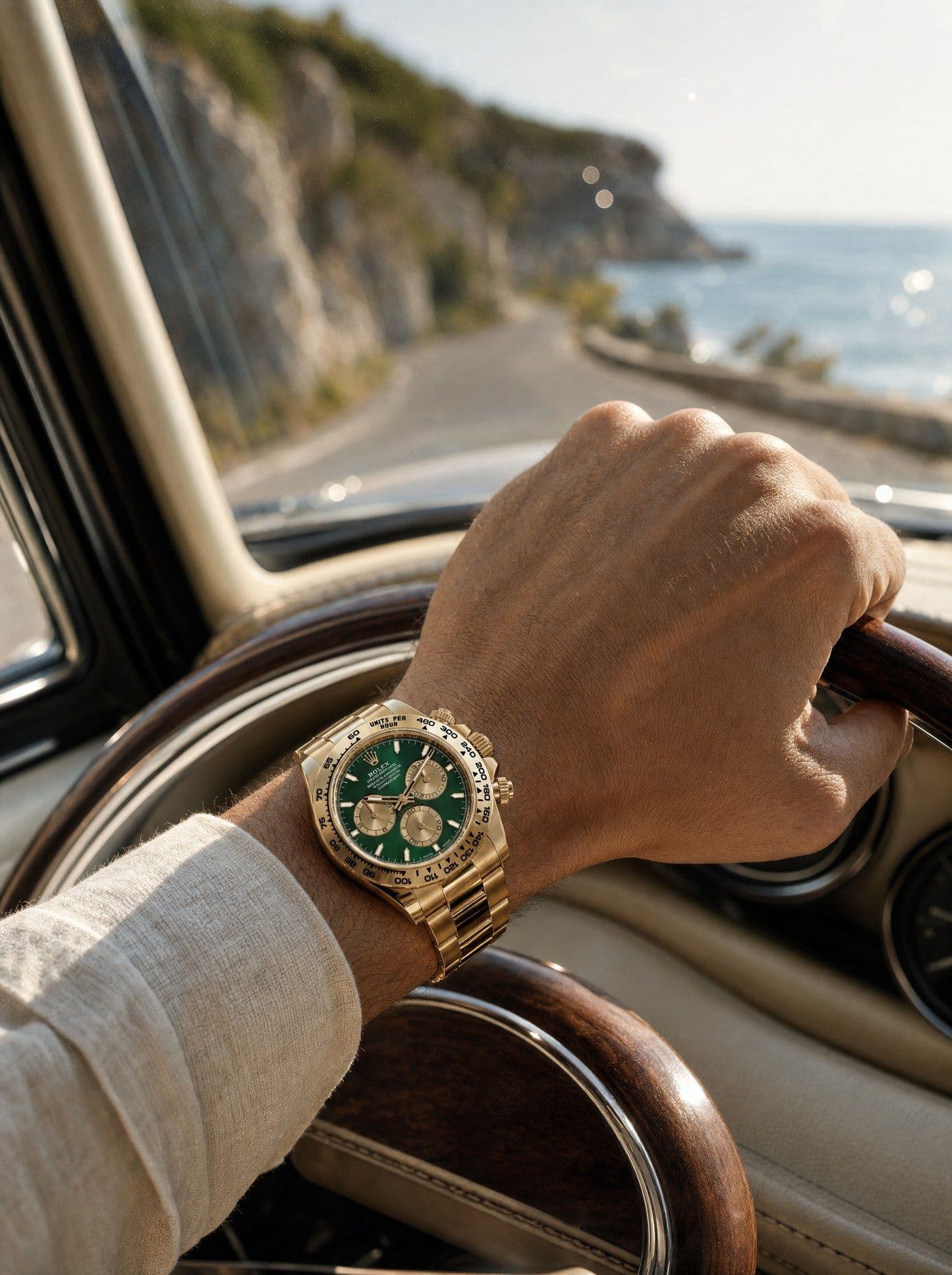 A green-dial gold chronograph on the wrist, hand on a wooden steering wheel above a coastal road