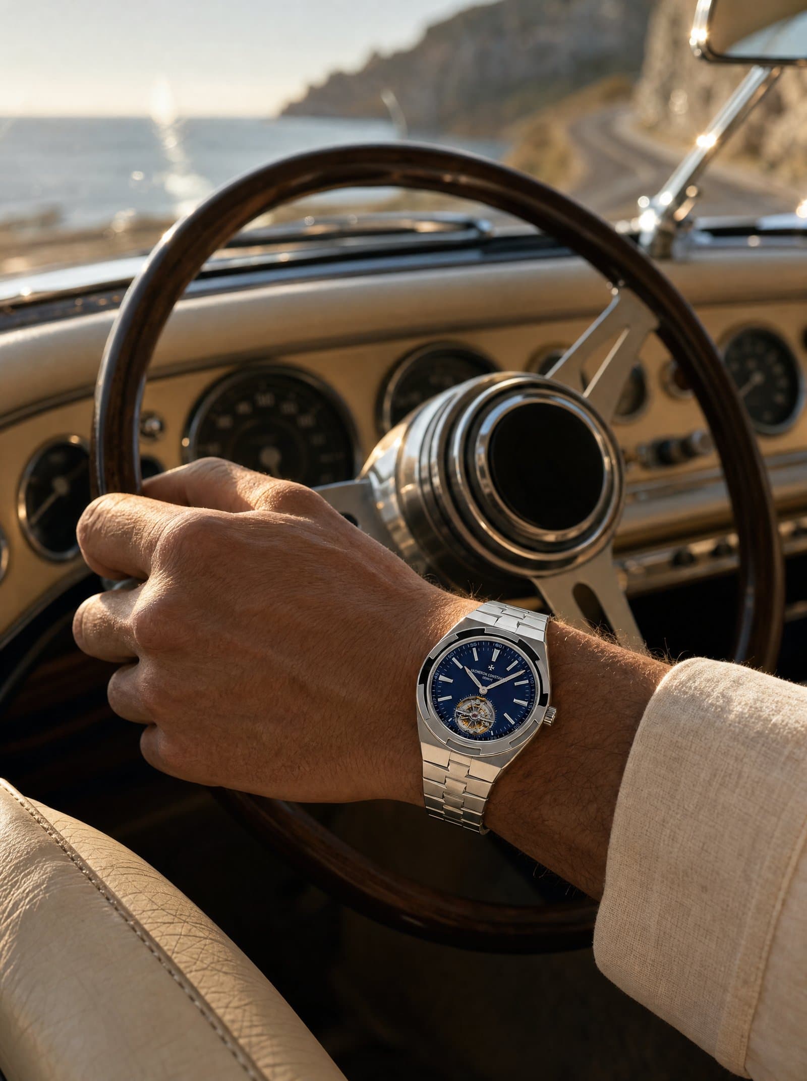 A blue-dial steel Overseas on the wrist, hand on a wooden steering wheel