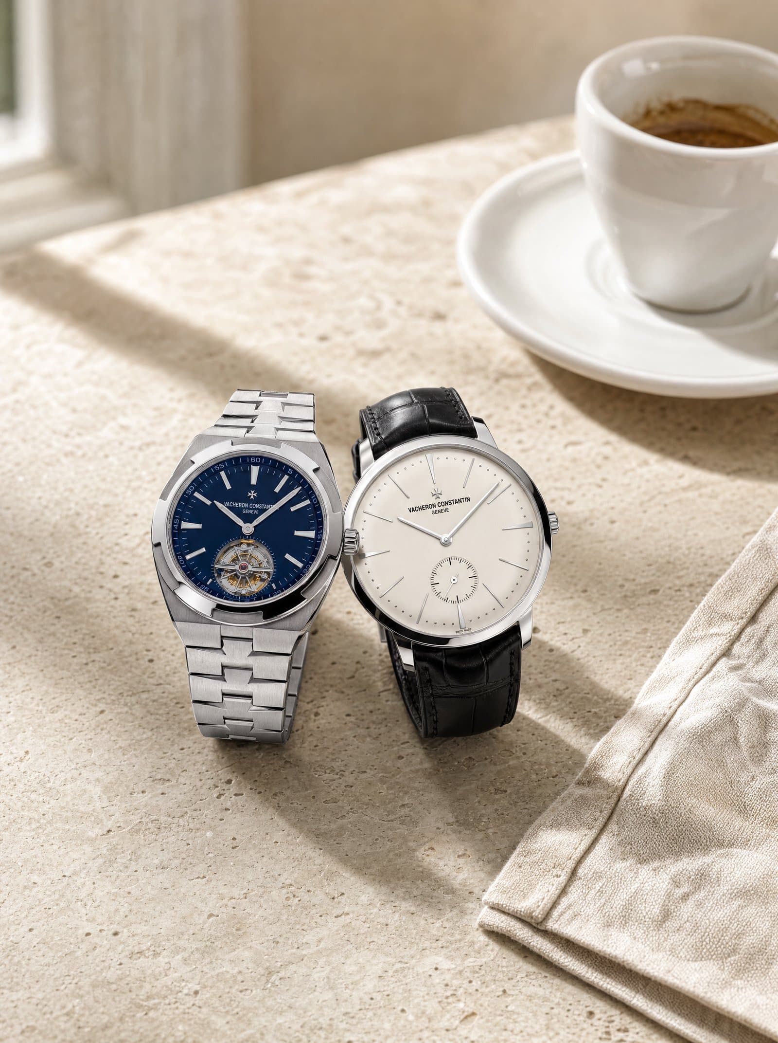An Overseas and a Patrimony resting together on a travertine café table