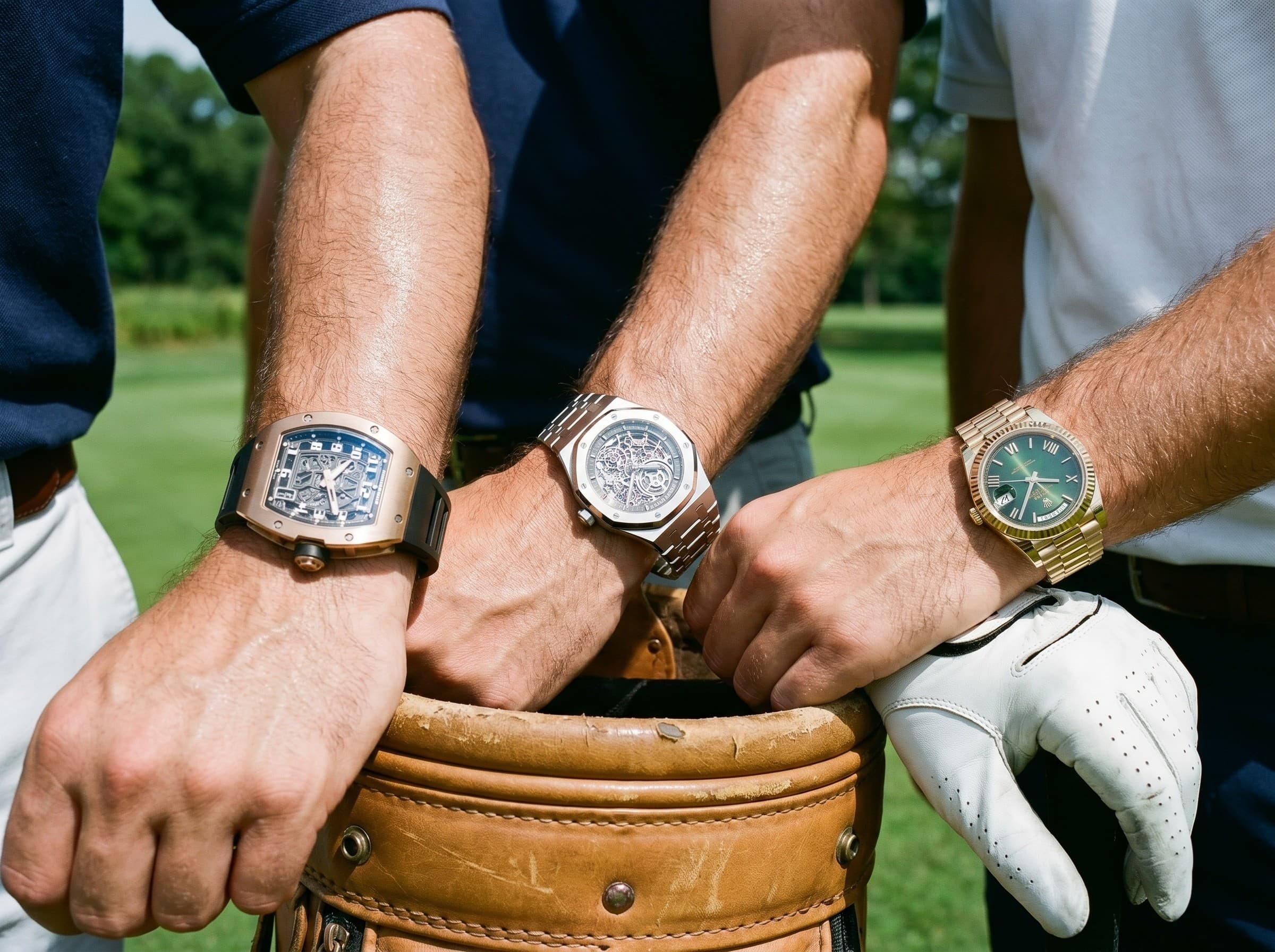 Richard Mille, Audemars Piguet and Rolex on the golf bag