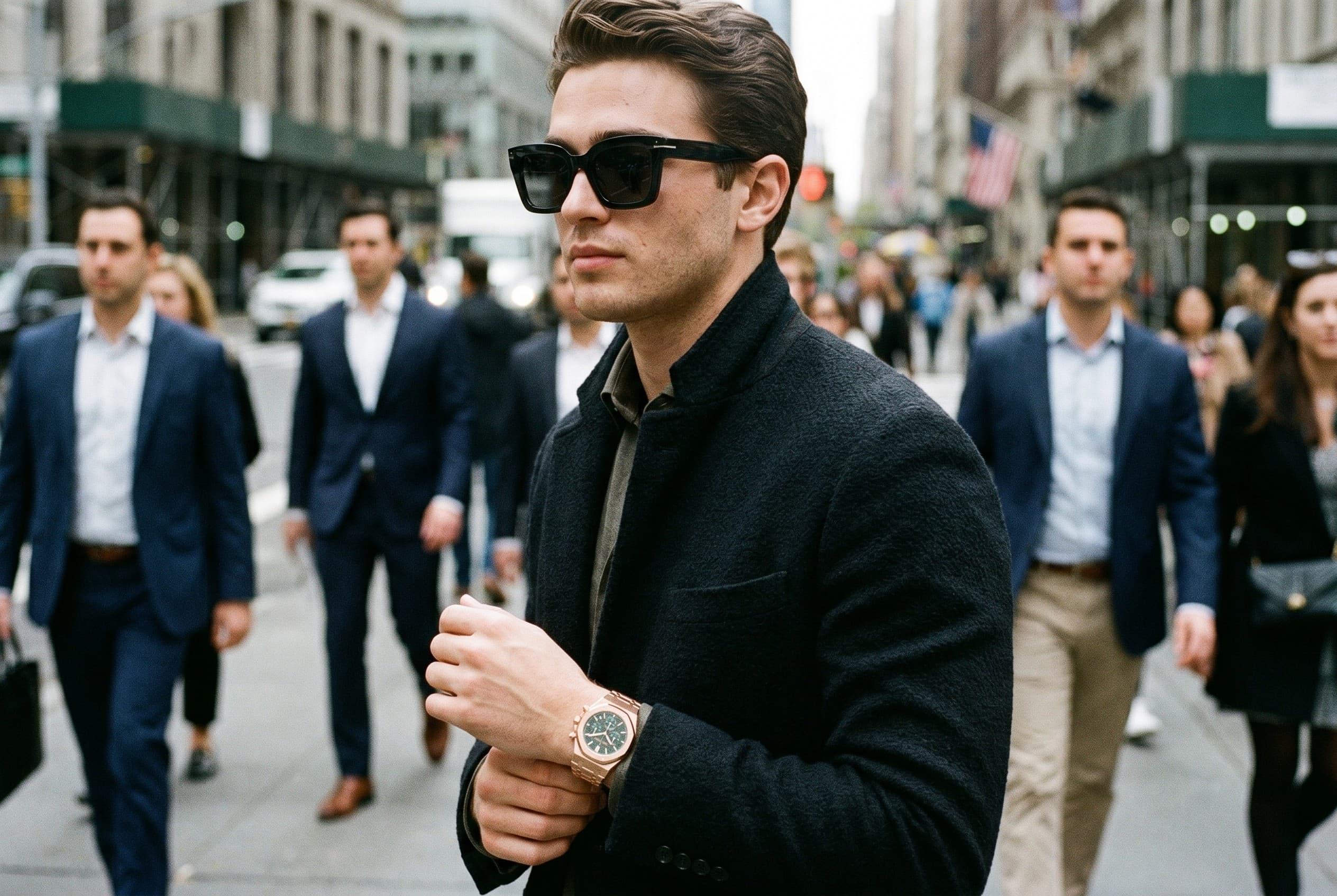 A man on a city sidewalk in Soletti frames and an Audemars Piguet