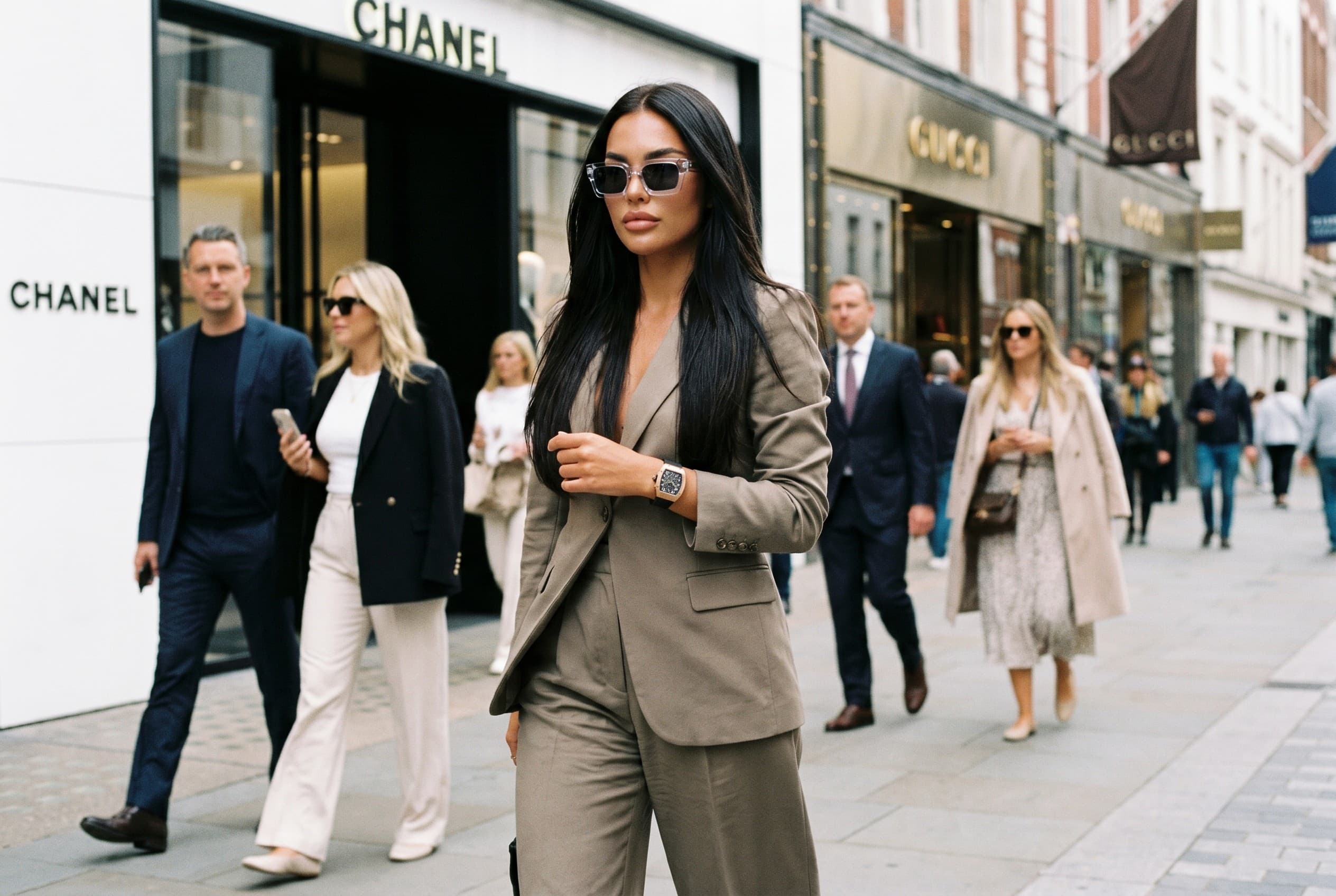 A woman walking an upscale city street in Soletti frames and a Richard Mille