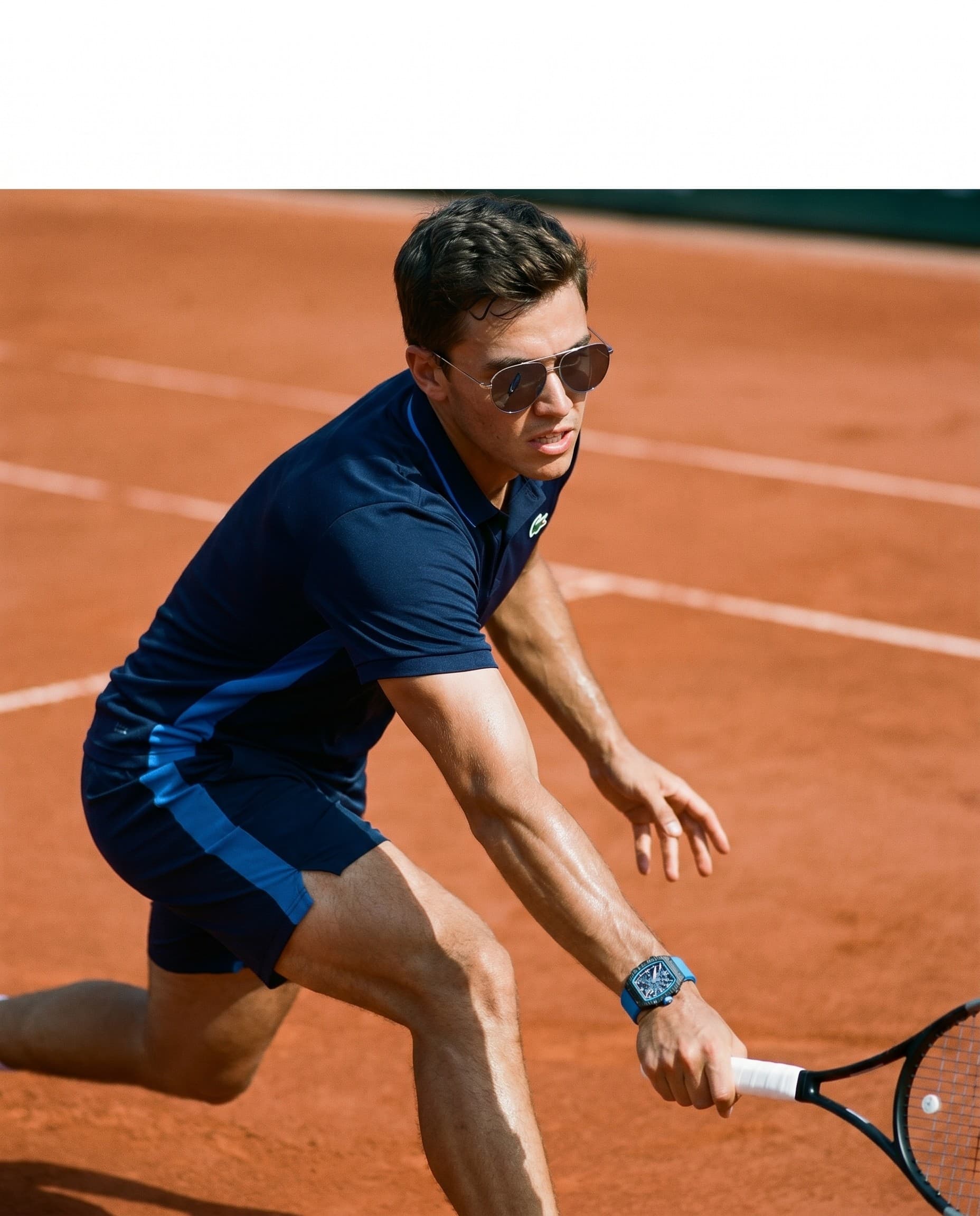 A tennis player in a blue kit with a Richard Mille RM 67-02