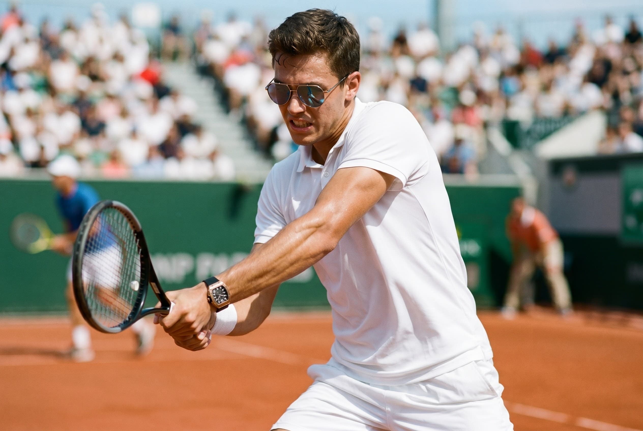 A tennis player on clay in Soletti aviators with a Richard Mille
