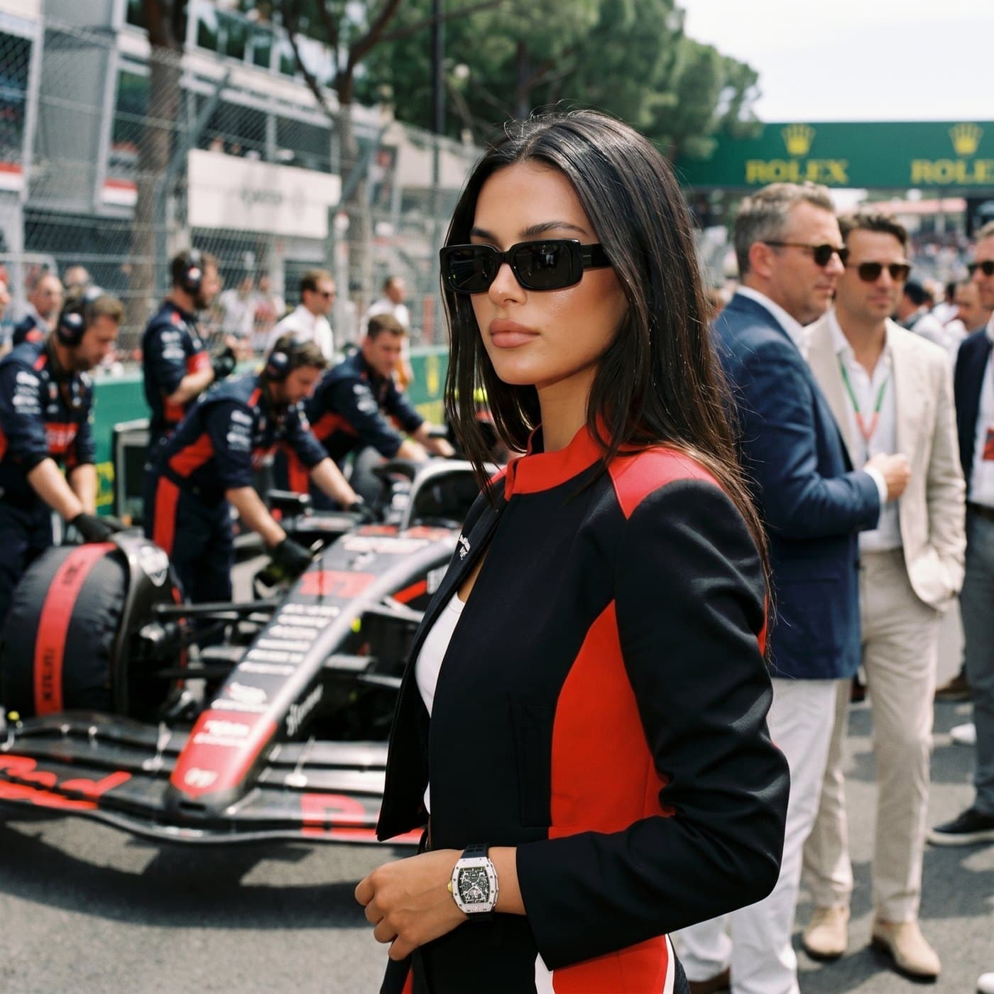 A woman in the Formula 1 paddock in Soletti aviators and a Richard Mille