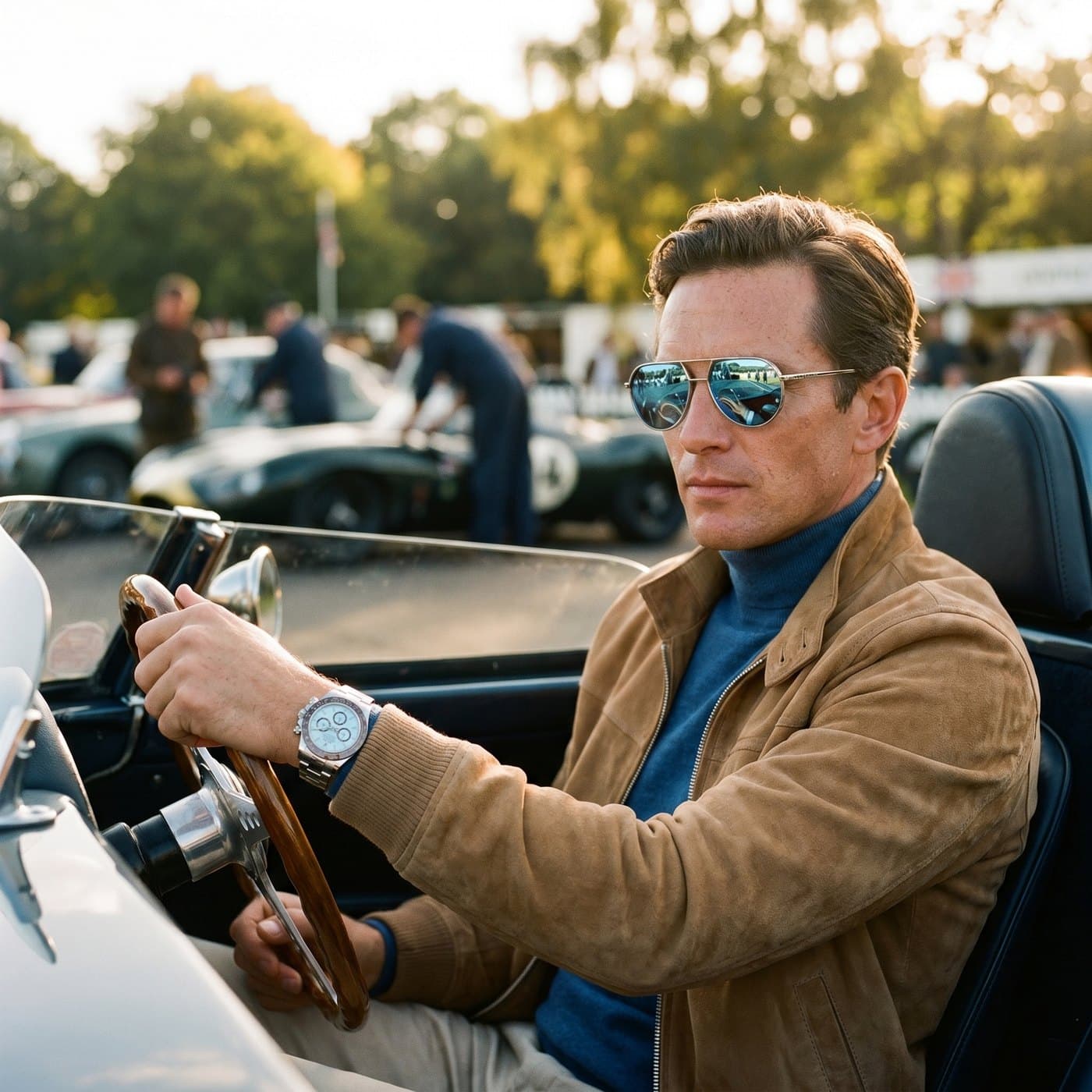 A classic racing car with a Rolex Daytona on the wrist