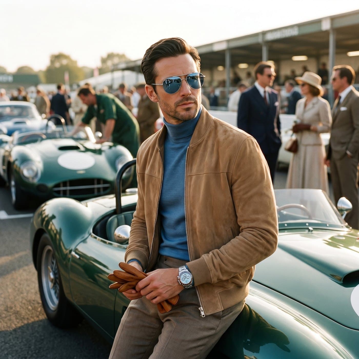 A man at a vintage racing paddock in Soletti aviators and a platinum Rolex Daytona