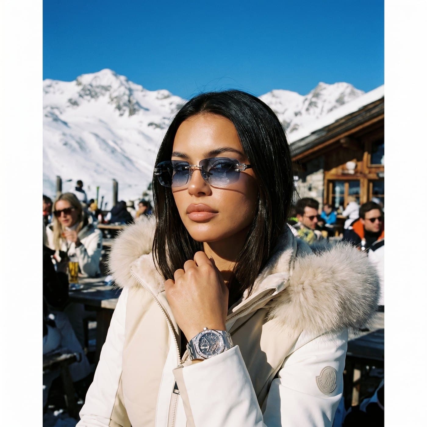 A woman on an alpine ski terrace in Soletti frames and an Audemars Piguet Royal Oak