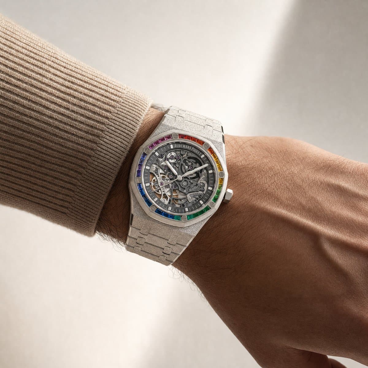 Audemars Piguet Royal Oak 15412BC.YG.1224BC.03 Double Balance Wheel Rainbow Bezel Frosted White Gold — worn