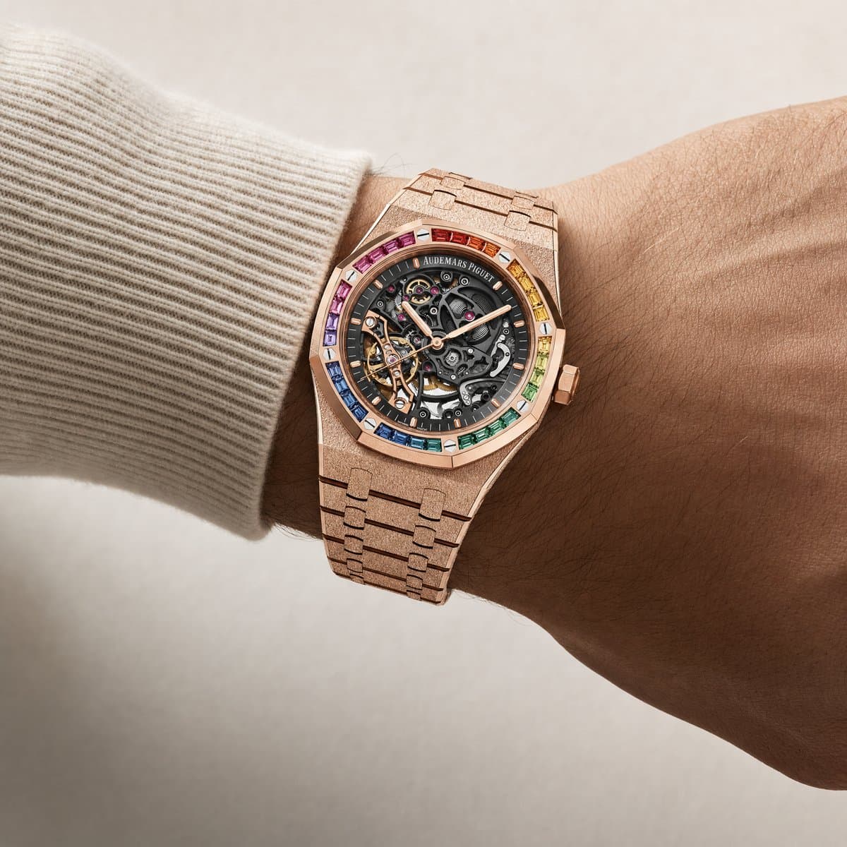 Audemars Piguet Royal Oak 15412OR.YG.1224OR.01-B Double Balance Wheel Frosted Rose Gold Openworked Dial Rainbow Bezel — worn