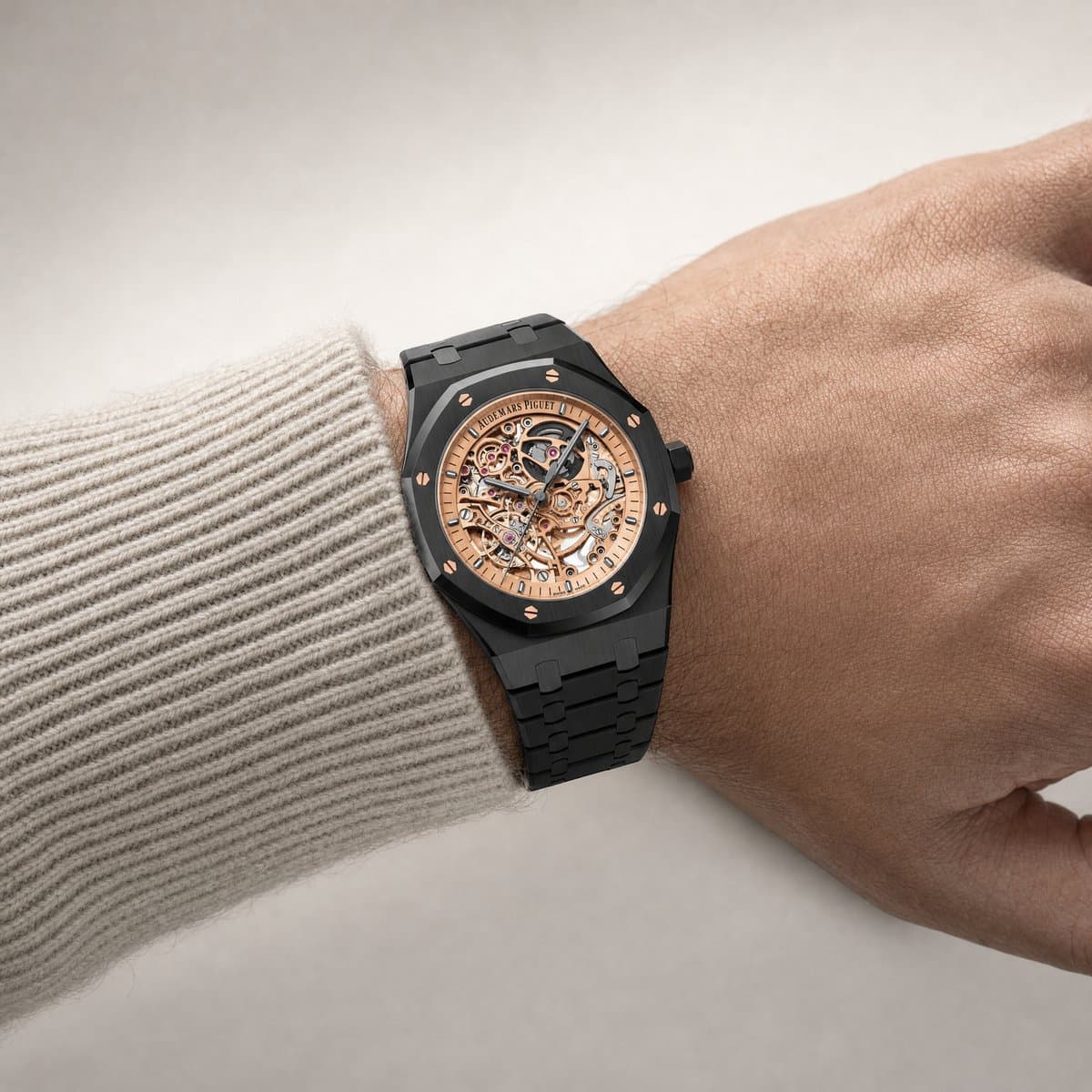 Audemars Piguet Royal Oak 15416CE.OO.1225CE.02 Double Balance Wheel Black Ceramic Openworked Dial Limited Edition of 150 — worn
