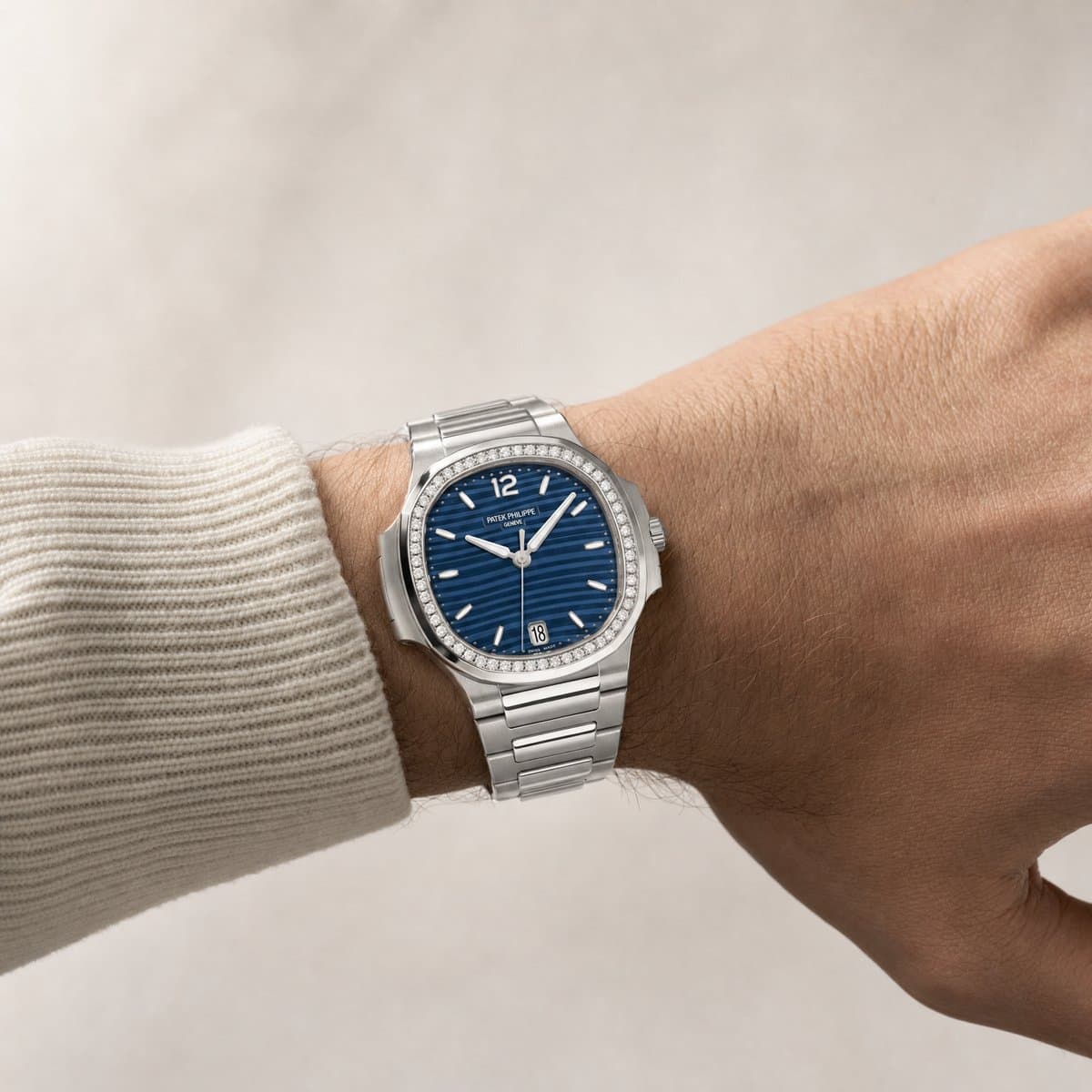 Patek Philippe Nautilus 7118/1200A-001 'Ladies' Blue Dial Diamond Bezel (2026) — worn