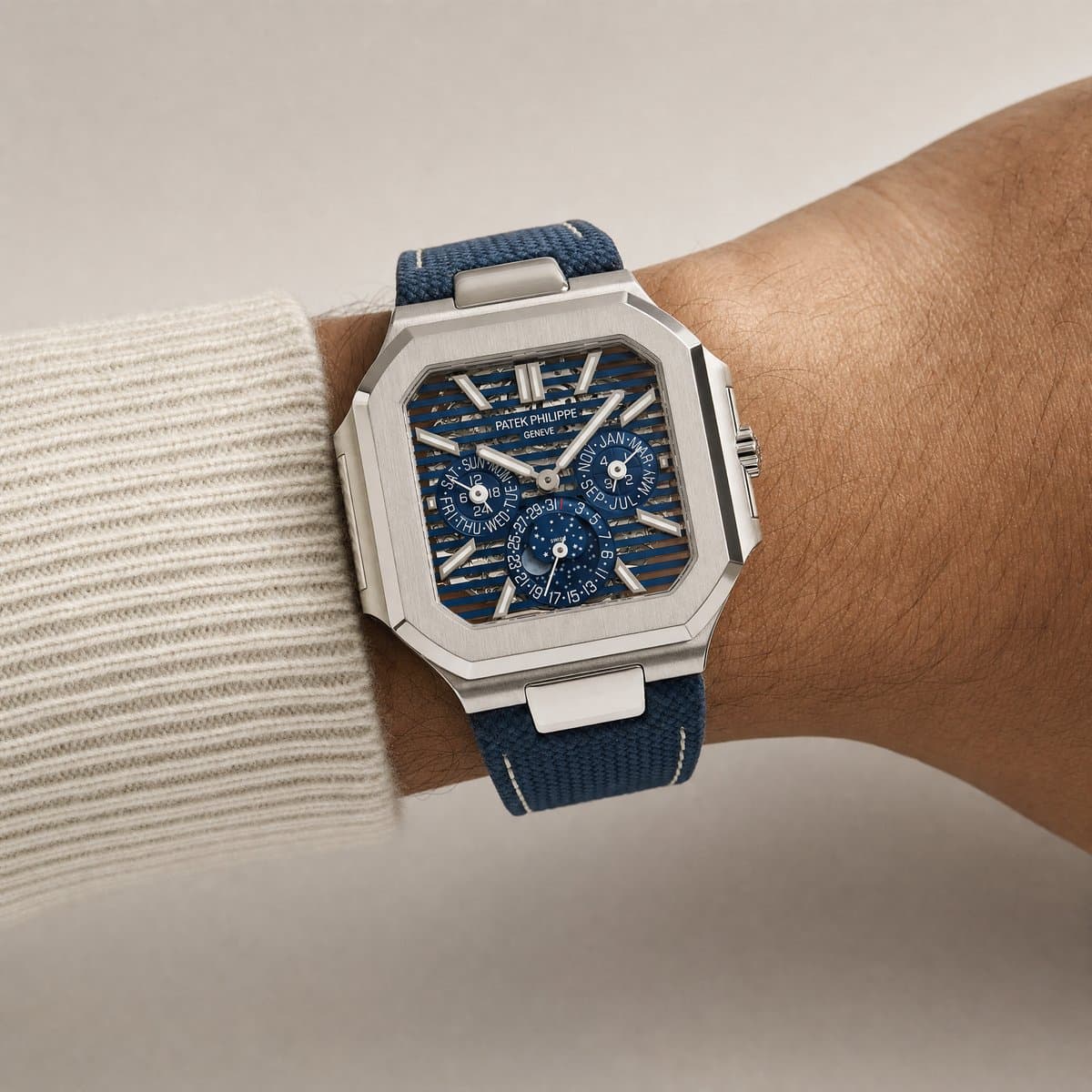 Patek Philippe Cubitus 5840P-001 Perpetual Calendar Moon Phases Platinum Blue Openworked Dial (2026) — worn