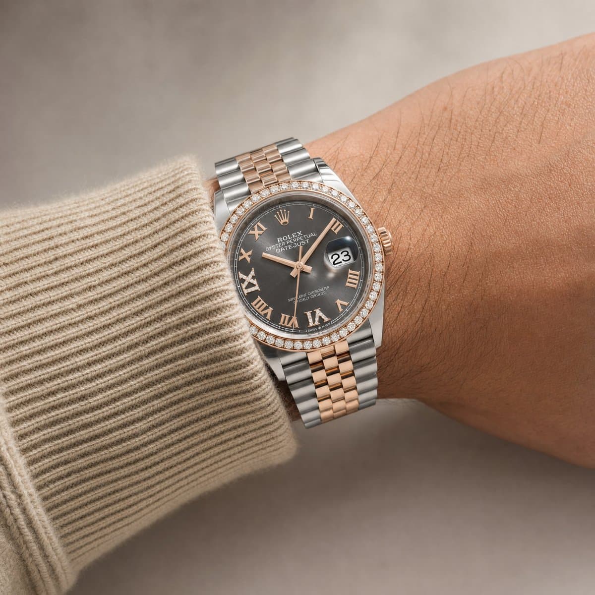 Rolex Datejust 126281RBR Rose Gold Stainless Steel Slate Diamond Dial Diamond Bezel (2025) — worn