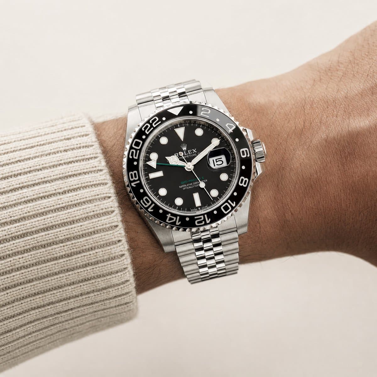 Rolex GMT-Master II 126710GRNR 'Bruce Wayne' Stainless Steel Black Dial Jubilee (2026) — worn