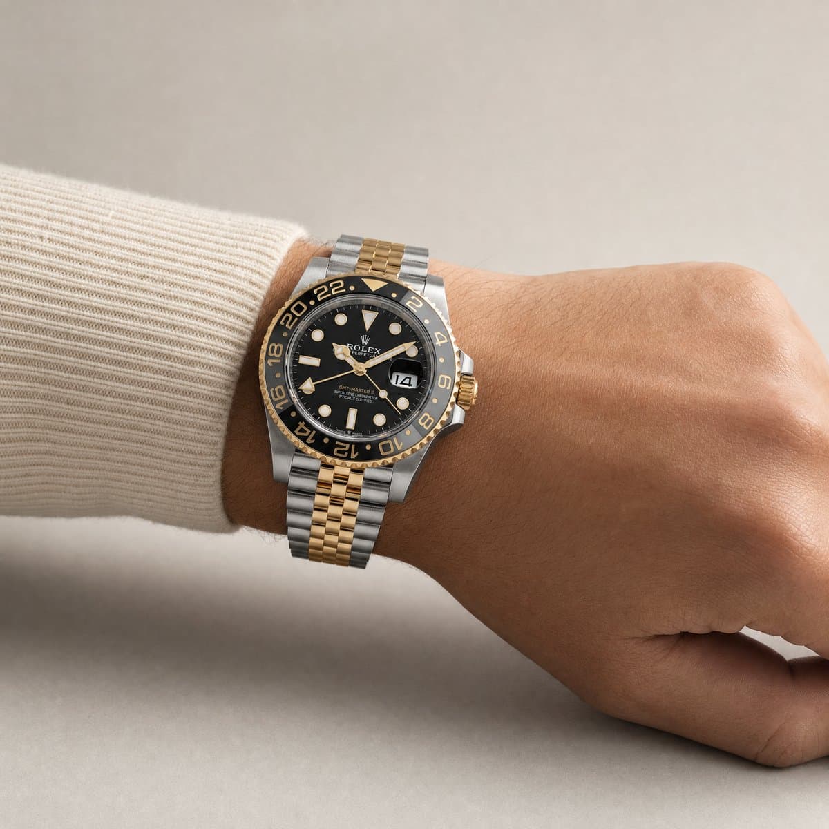 Rolex GMT-Master II 126713GRNR Stainless Steel Yellow Gold Black Dial Jubilee (2025) — worn