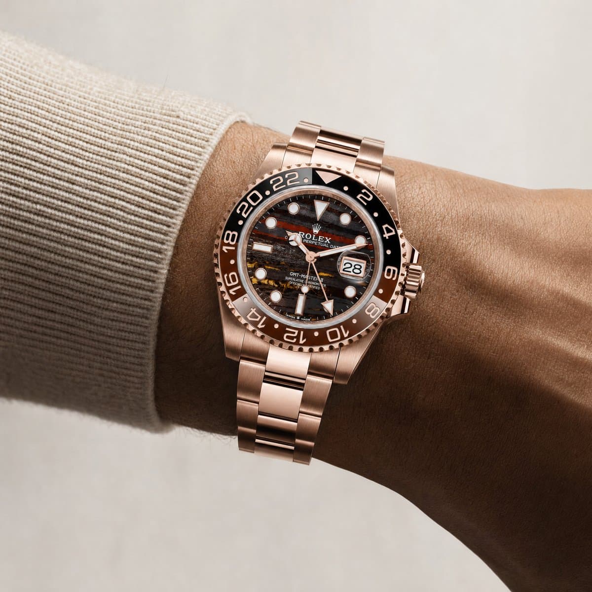 Rolex GMT-Master II 126715CHNR Rose Gold Tiger Iron Dial Oyster (2025) — worn