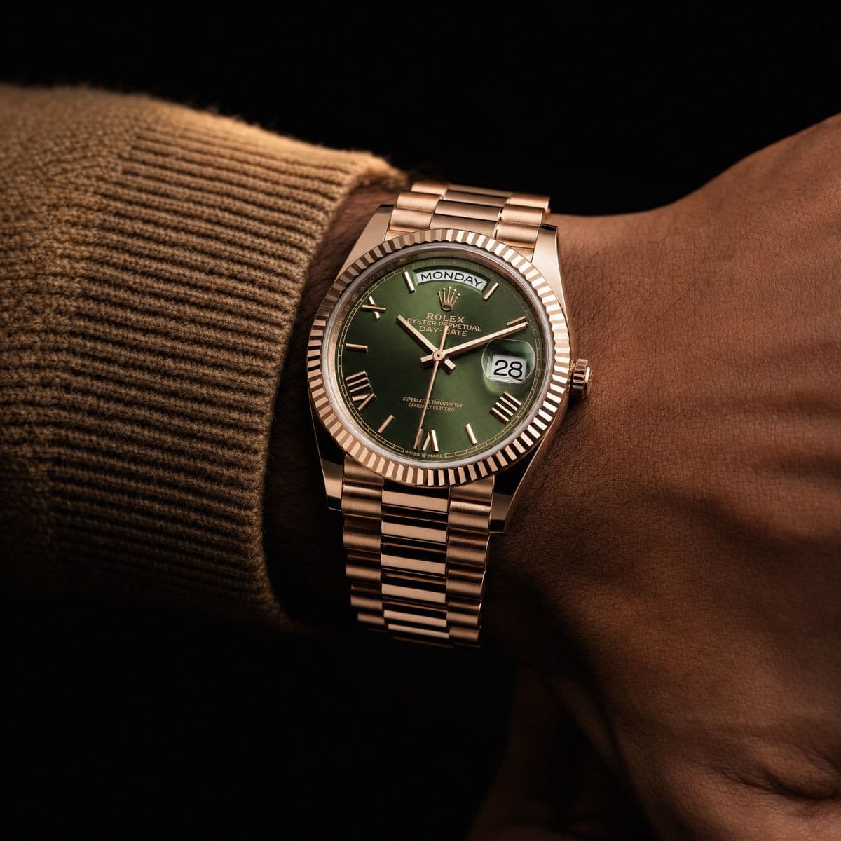 Rolex Day-Date 36 128235 Rose Gold Olive Green Dial (2025) — worn