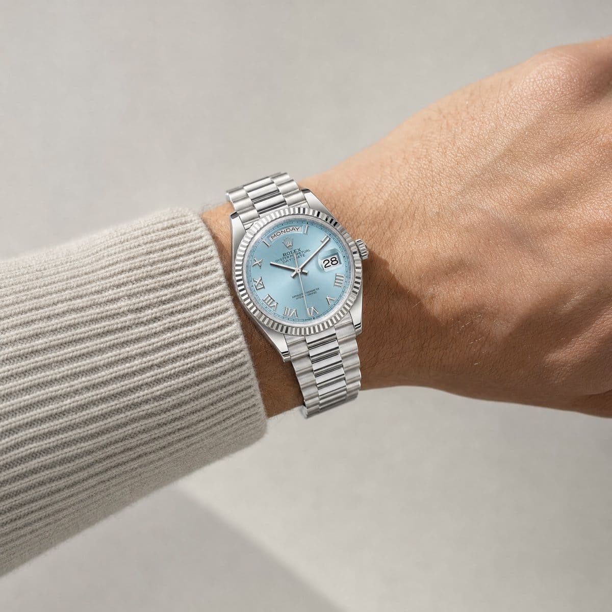 Rolex Day-Date 36 128236 Platinum Ice Blue Roman Numerals Dial (2023) — worn