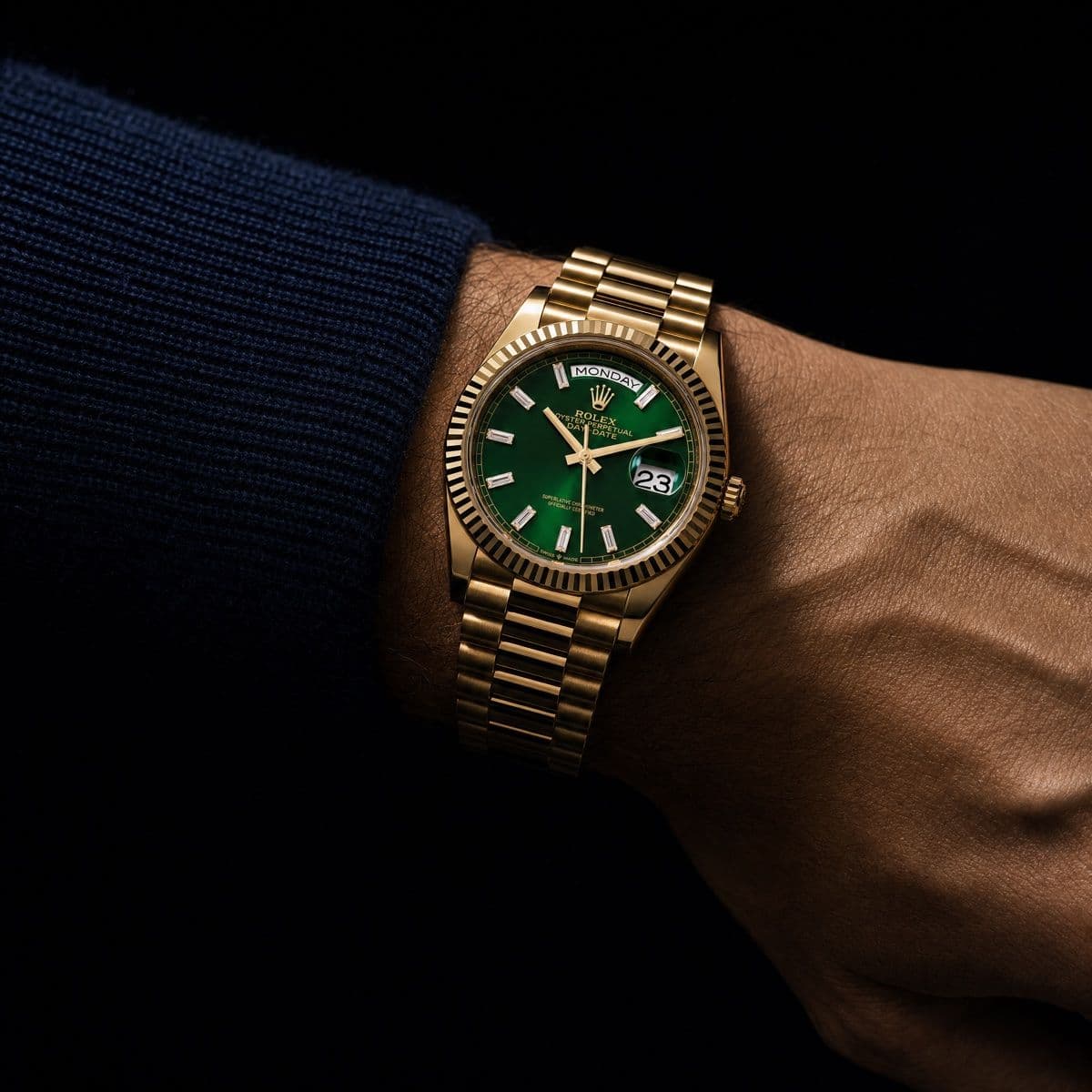 Rolex Day-Date 36 128238 Yellow Gold Green Diamond Baguette Dial (2025) — worn