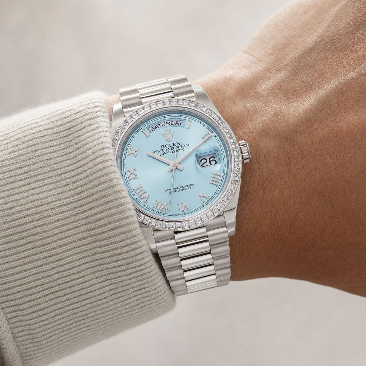 Rolex Day-Date 36 128396TBR Platinum Ice Blue Dial Diamond Bezel (2024) — worn