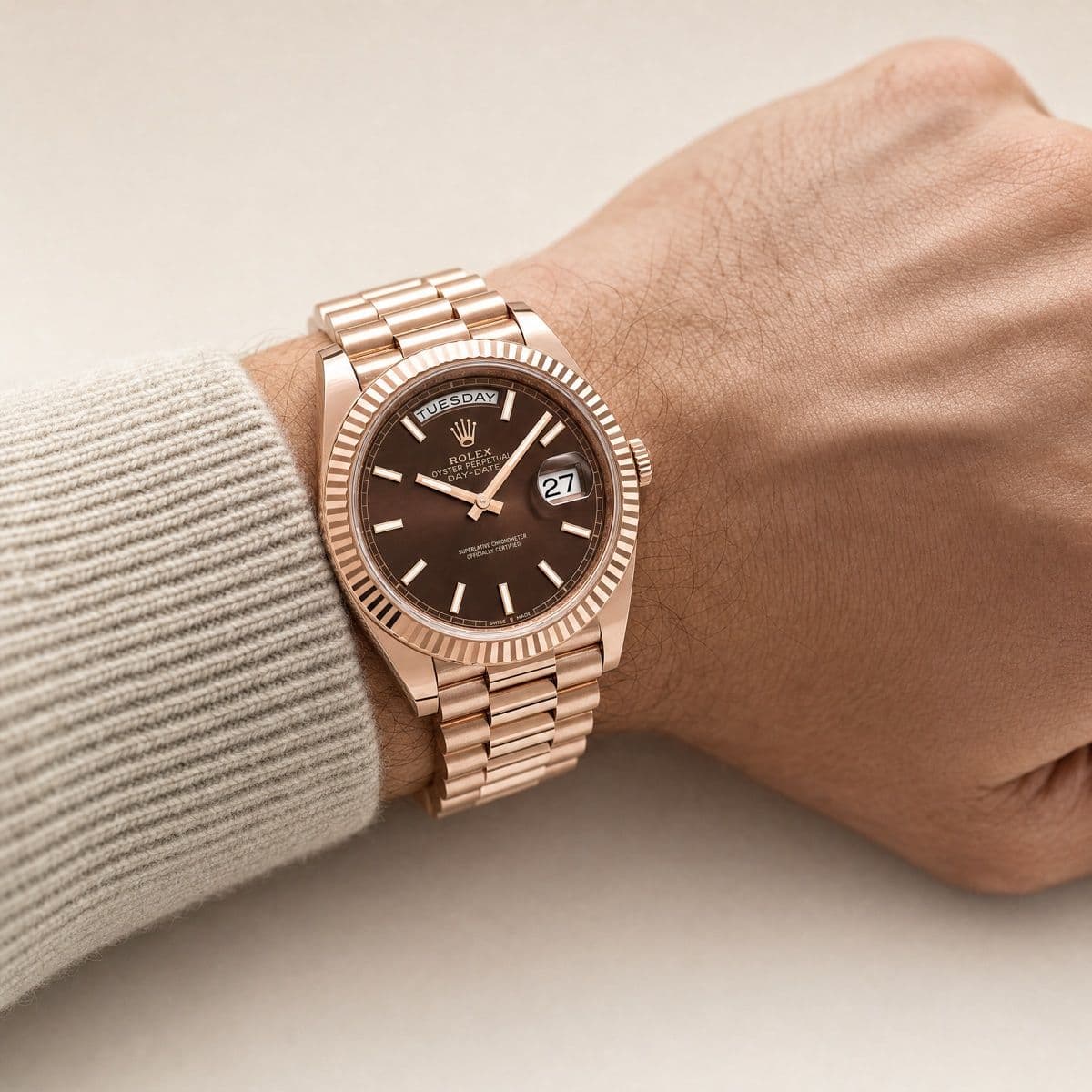 Rolex Day-Date 40 Reference 228235 Rose Gold Chocolate Dial (2025) — worn